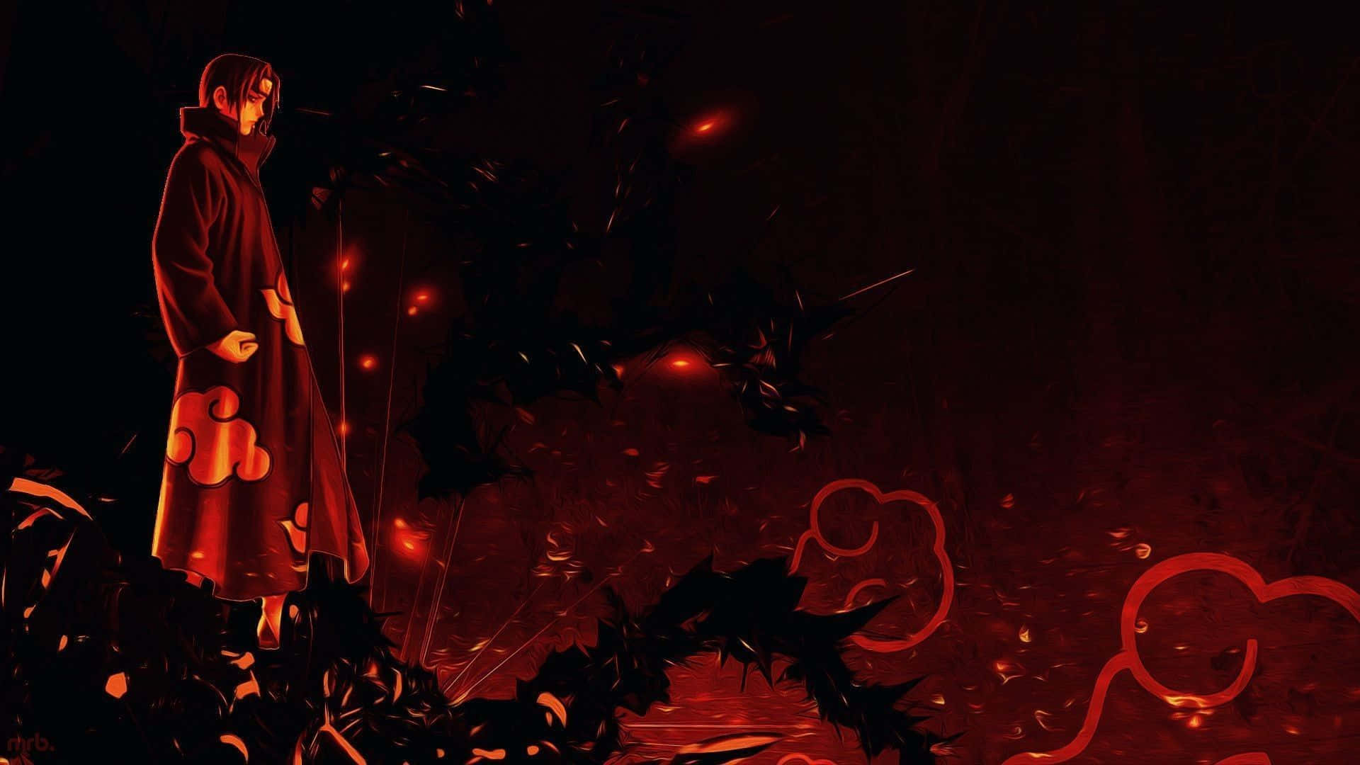 動漫角色穿著紅色斗篷，在夜晚被黑暗的火焰和發光的餘燼包圍。