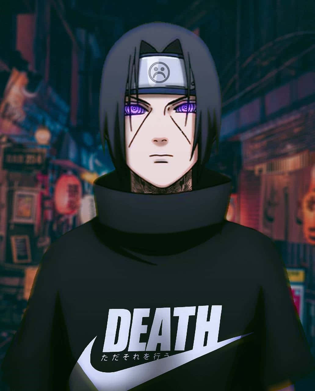 動漫角色穿著黑色連帽衫，上面有'death'文字，在霓虹燈小巷中。