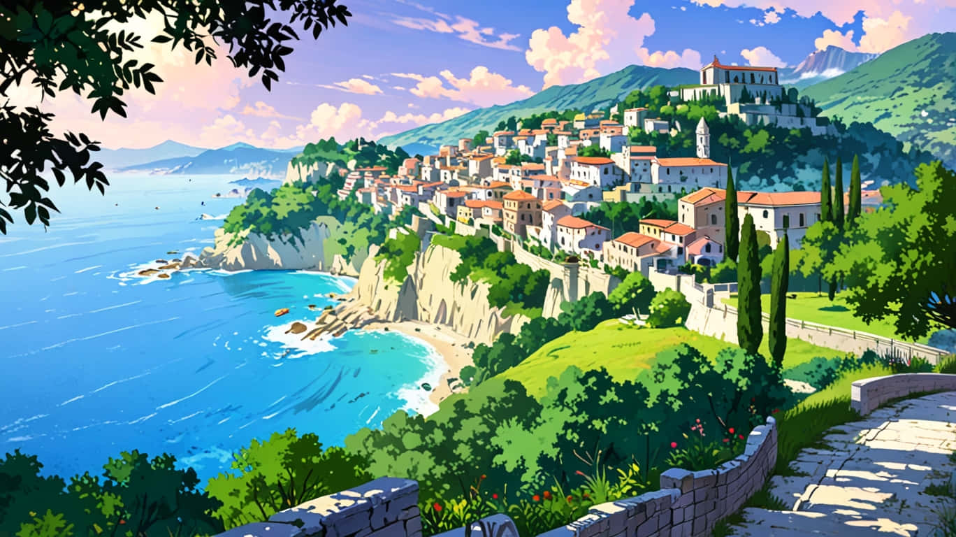懸崖上的沿海村莊，有碧綠的海水和綠色山丘，在日落天空下