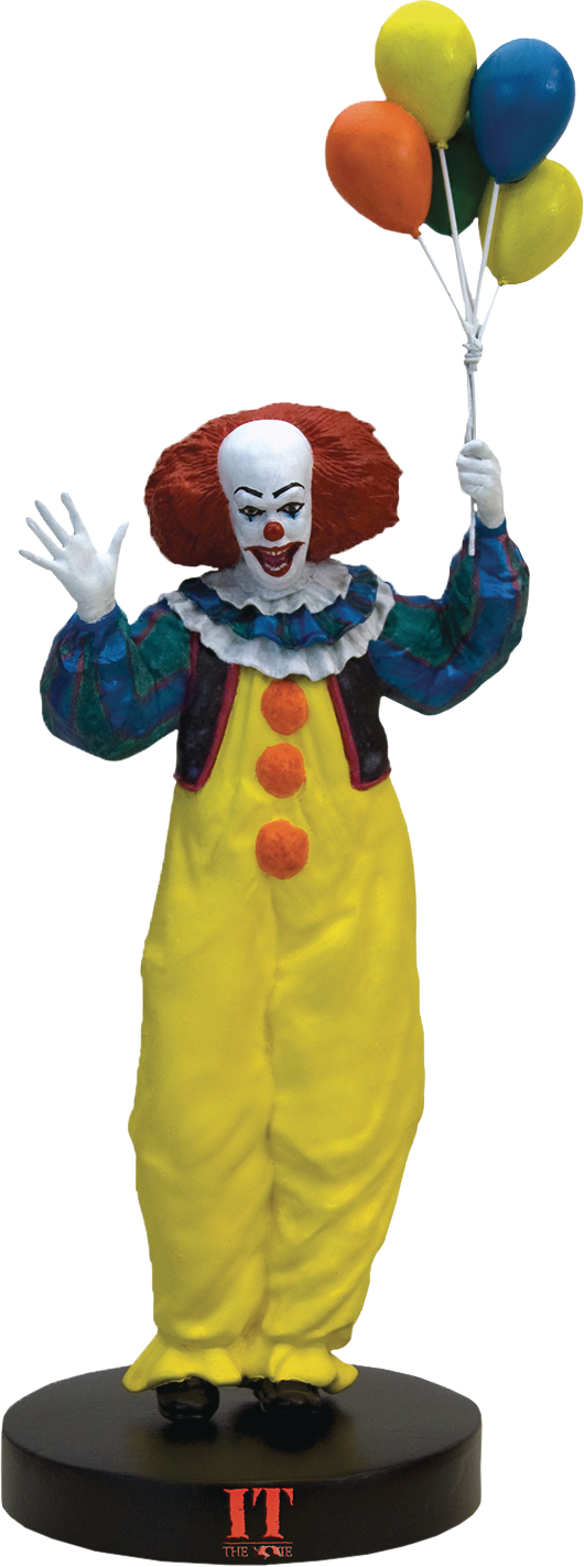 《IT》Pennywise 氣球造型人偶 壁紙 — 一個穿著黃色連身衣的可怕小丑公仔，在黑色背景前拿著彩色氣球。