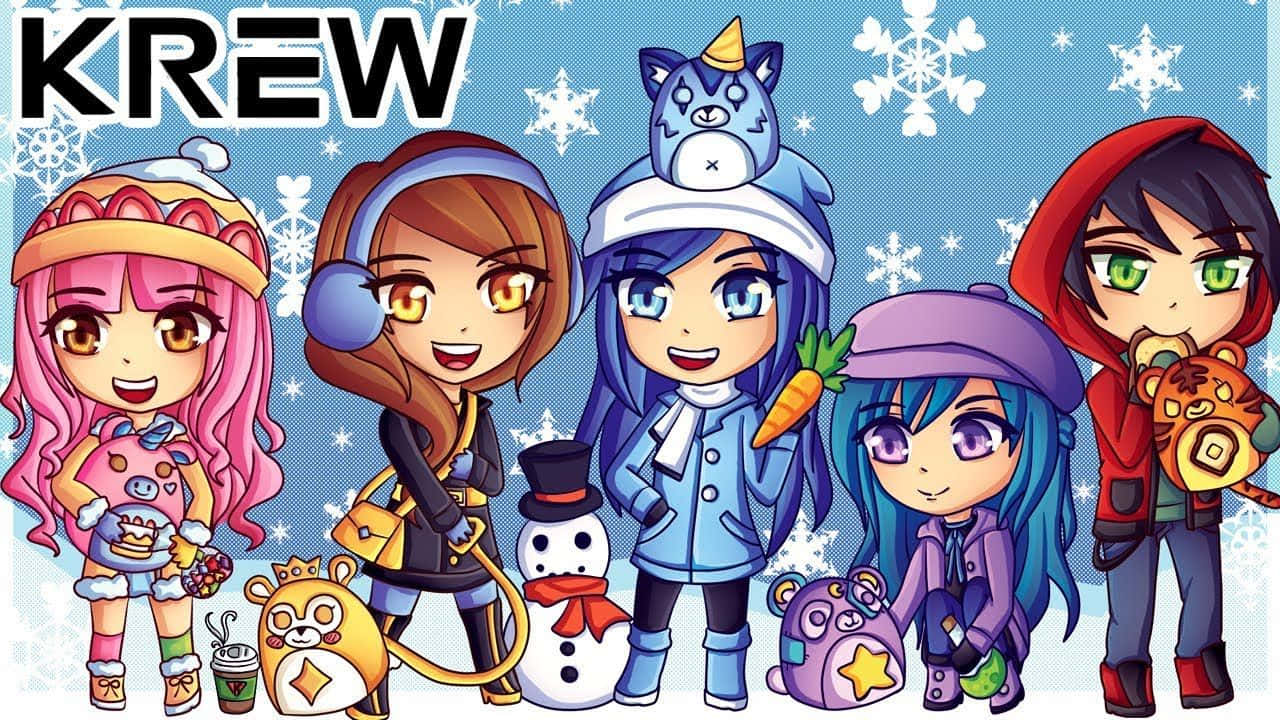 Itsfunneh 冬季 iPhone 主題 壁紙 — 五個冬季裝備的Q版動漫角色在藍色背景上與雪花和雪人愉快地擺姿勢。