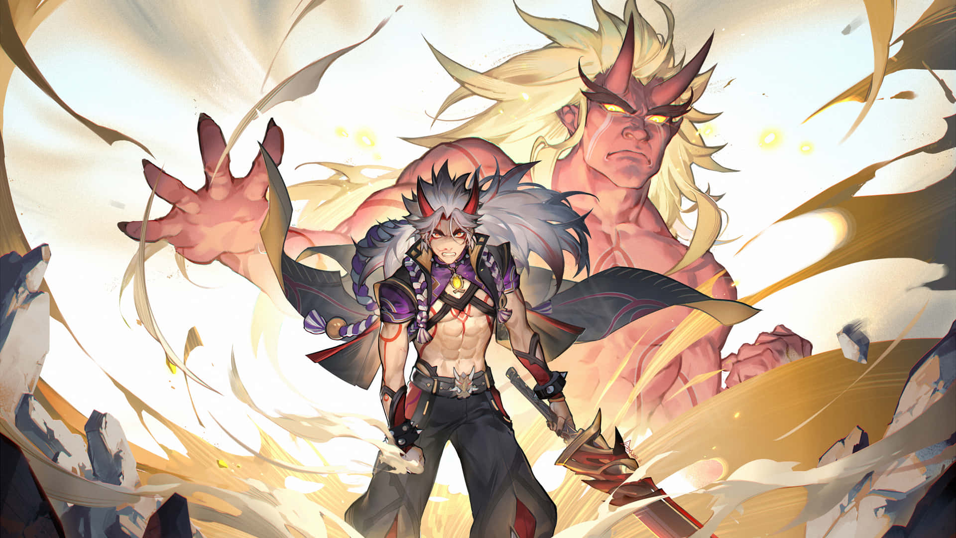 動漫惡魔戰士，眼睛發光，頭髮尖刺，站在一個更大的惡魔身影前，金色能量爆發。