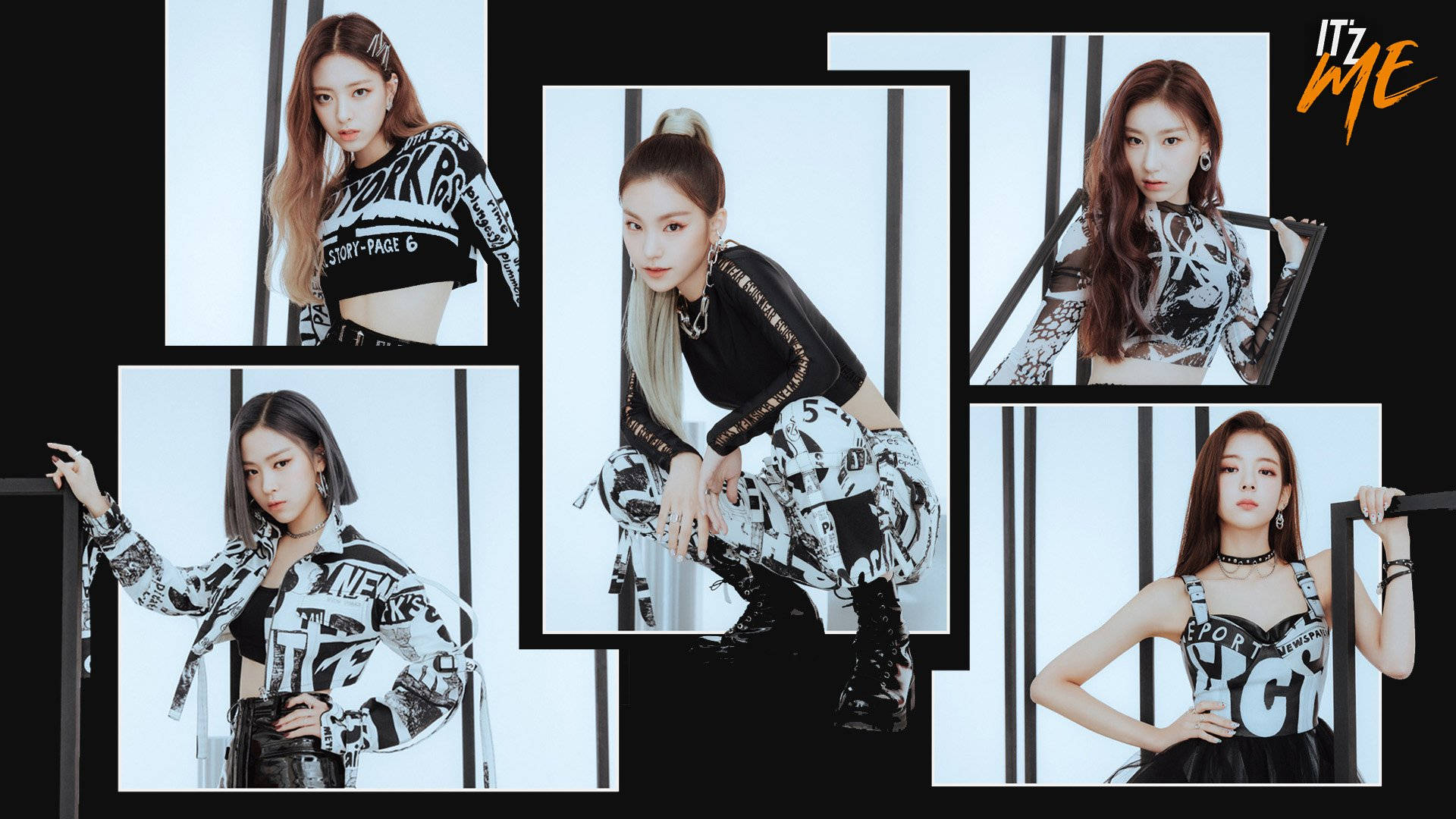 ITZY《WANNABE》拼貼海報 壁紙 — 五位時尚女性穿著大膽的黑白圖案服裝，在鮮明的黑白條紋背景前自信地擺姿勢。