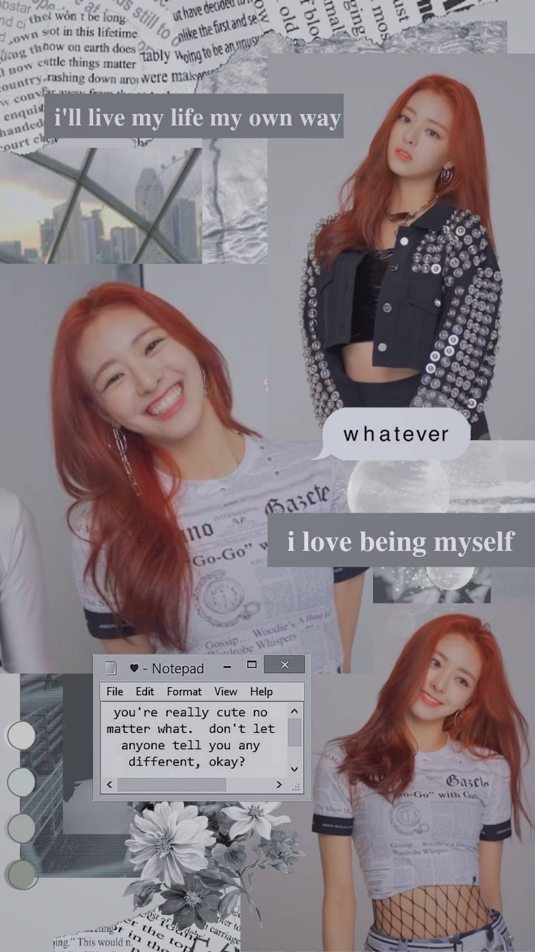 ITZY 申有娜風格 壁紙 — 一位紅髮年輕女子微笑並在包含文字引言和記事本視窗的拼貼中擺姿勢。
