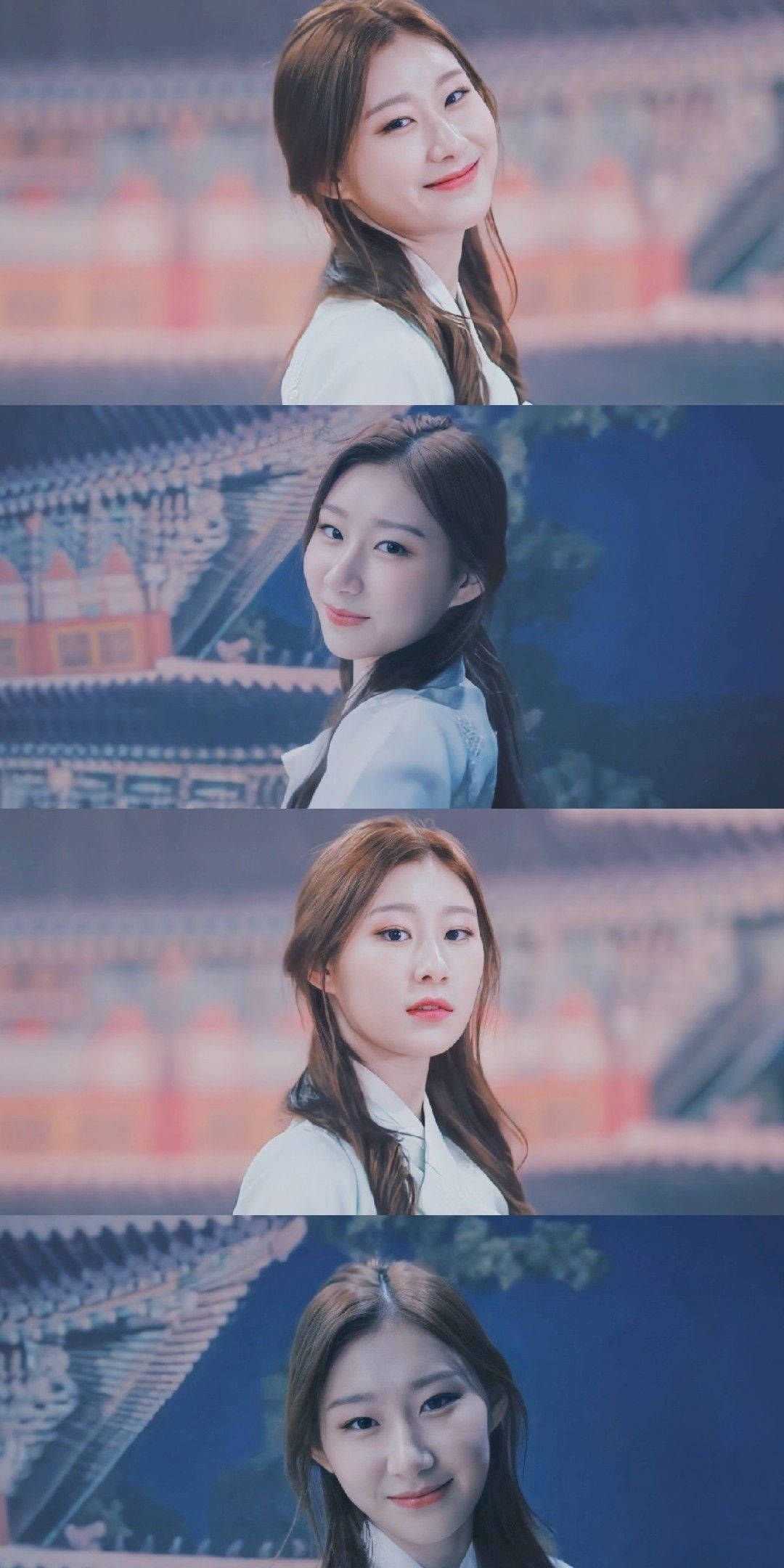 ITZY 申留真 壁紙 — 一位長著棕色長髮的年輕女性在四張肖像照中對著模糊的傳統韓國宮殿背景溫柔微笑。