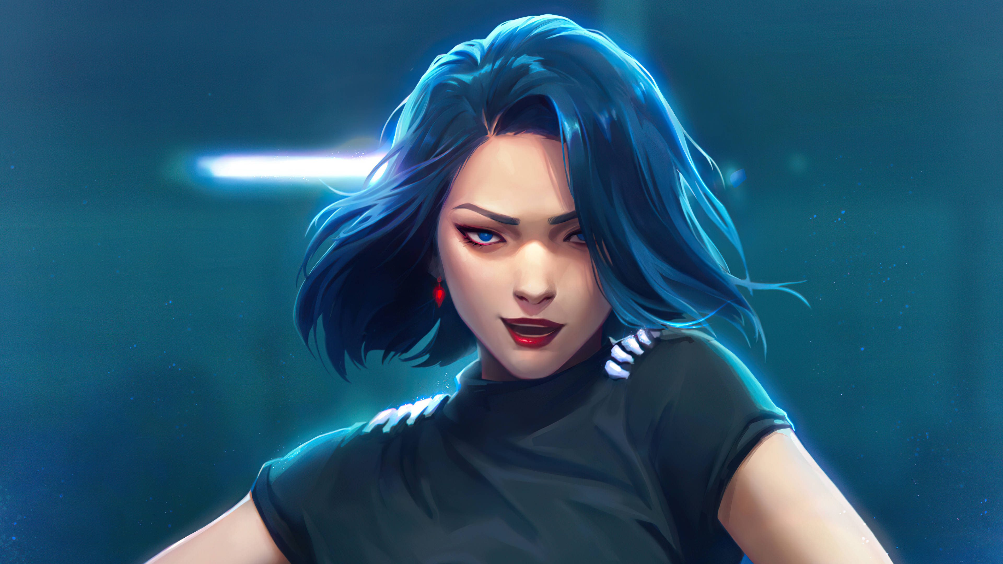 ITZY 申留真 數位藝術 壁紙 — 一個引人注目的動漫風格女性，擁有電光藍色頭髮和大膽的紅唇，在發光的青綠色背景下強烈凝視。