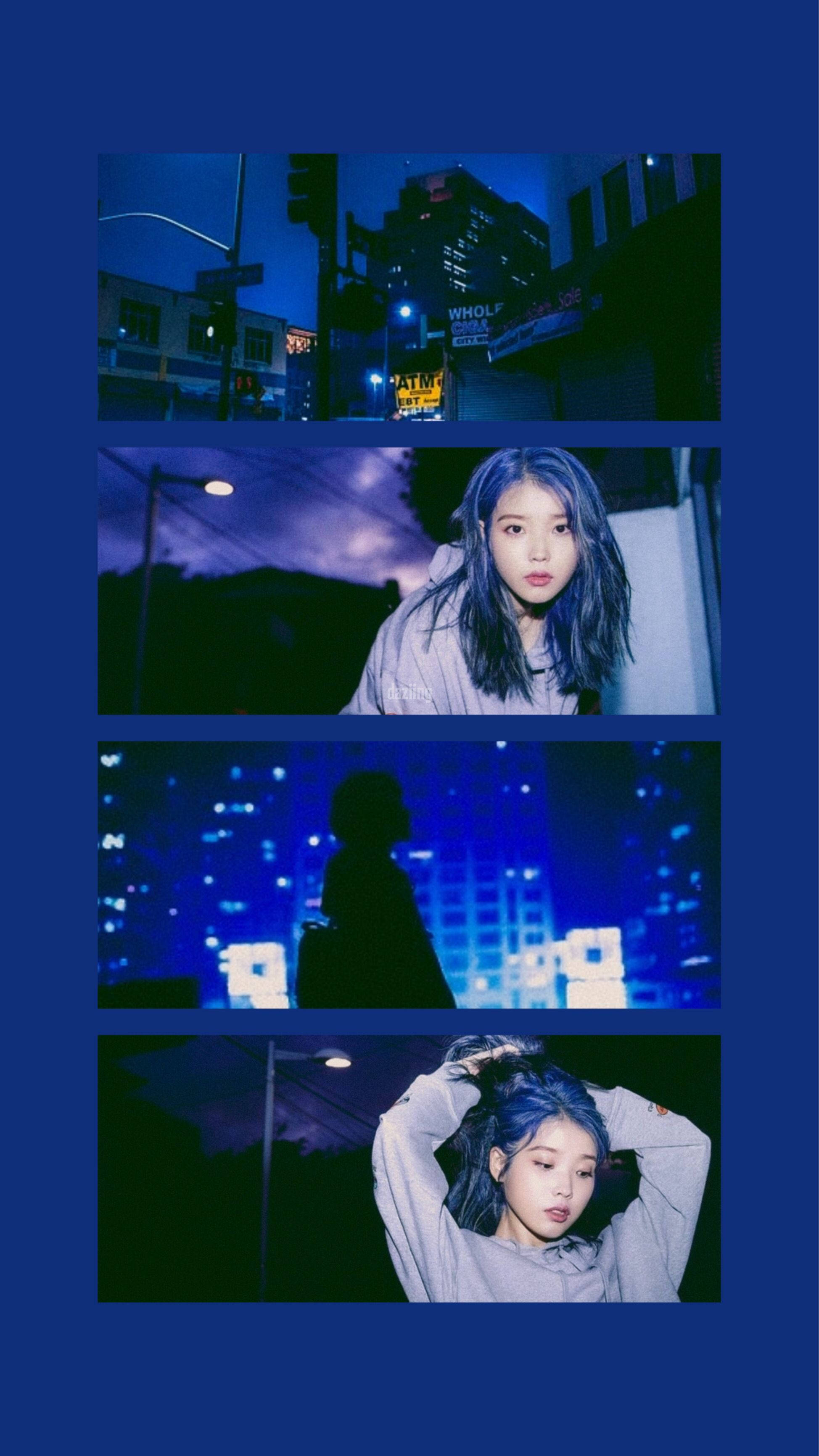 韓國偶像IU的拍立得美學 壁紙 — 一位藍髮年輕女性在夜晚霓虹燈點亮的城市景觀前擺姿勢，營造出充滿氛圍的都市拼貼風格。