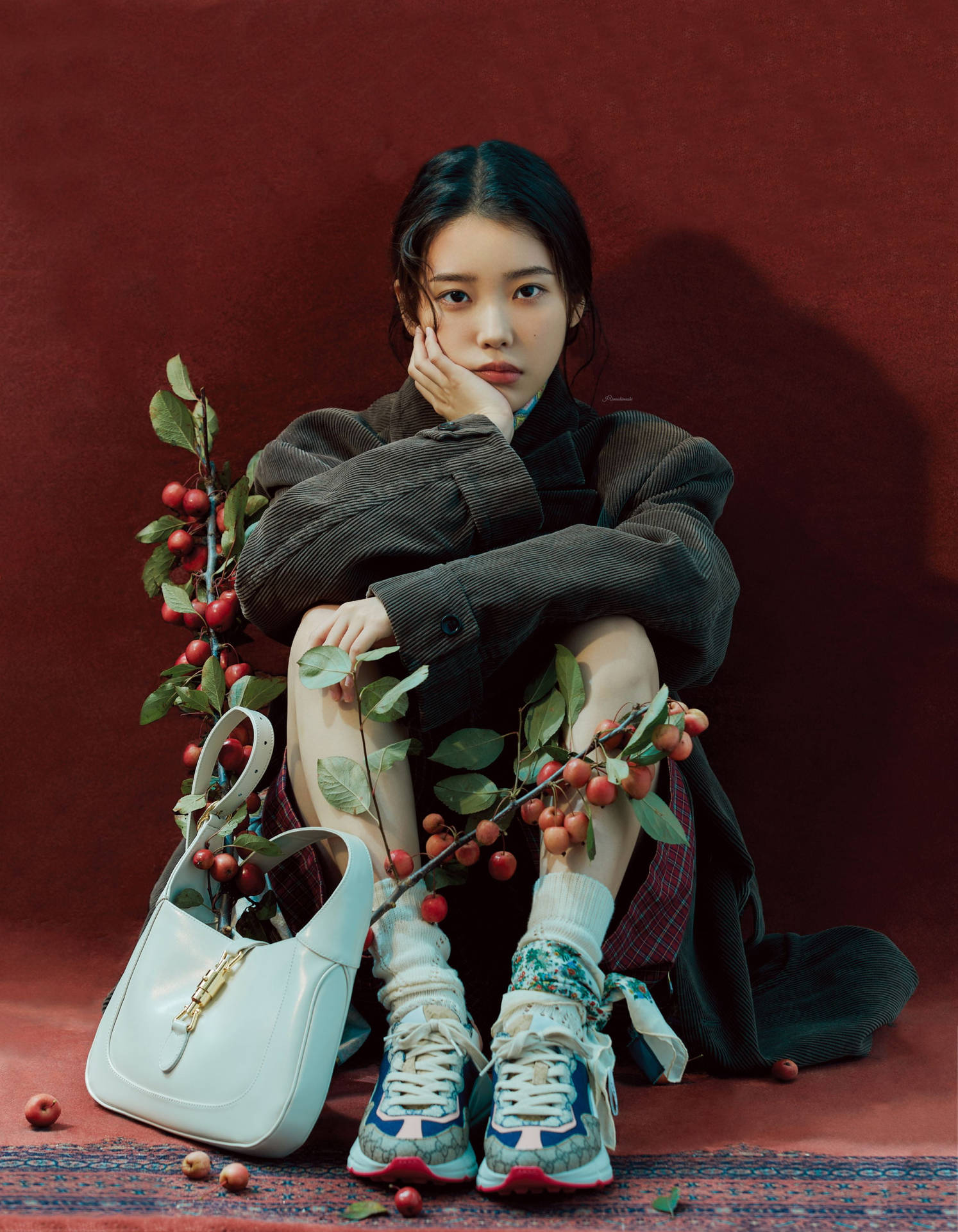 年輕女性穿著時尚服裝，在紅色背景前與莓果和手袋坐著。