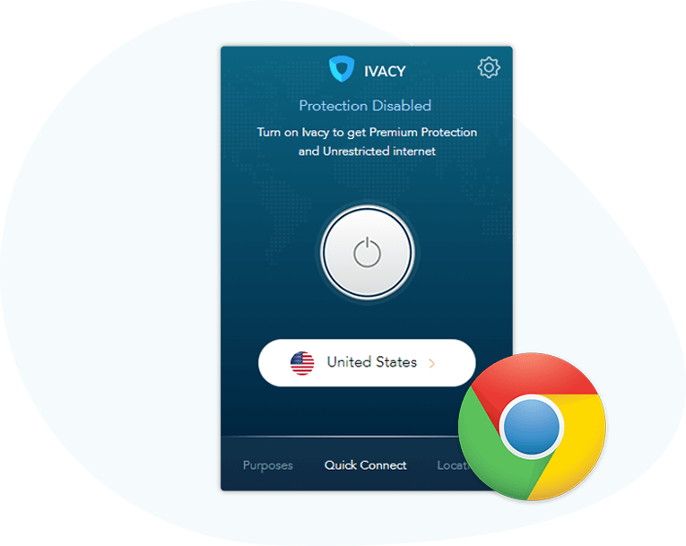 Ivacy VPN Chrome 擴充功能介面 壁紙 — 白色背景上，Ivacy VPN 介面顯示保護已停用，旁邊有 Chrome 瀏覽器圖示。