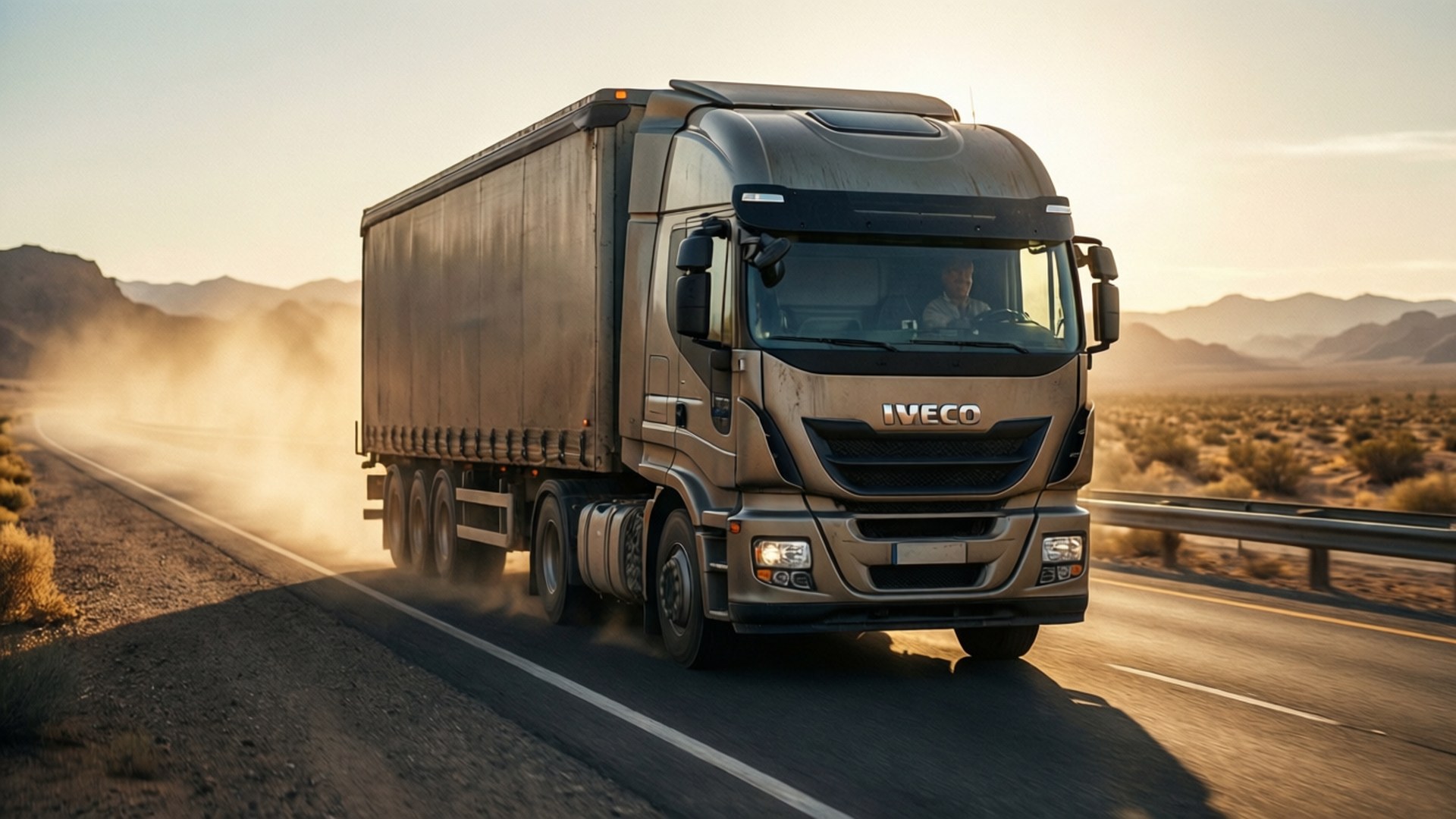 Iveco 桌布 壁紙 — 一輛大型 Iveco 半掛卡車在黃金時段於沙漠高速公路上疾馳，揚起灰塵。