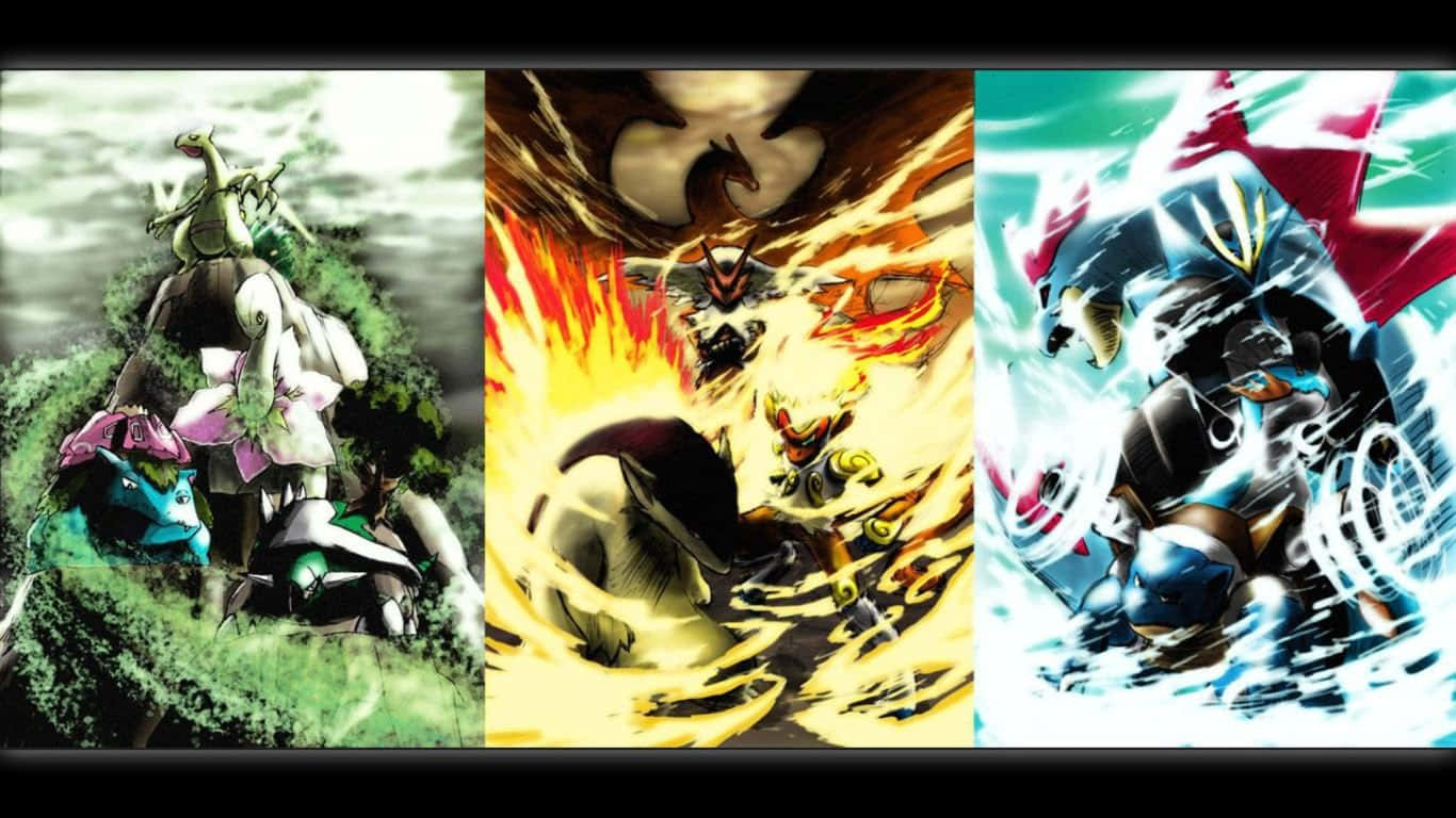 Ivysaur、Charmeleon 與 Blastoise 拼貼 壁紙 — 三個動漫風格嘅寵物小精靈戰鬥場景：草屬性、火屬性同水屬性，帶有動態能量效果。