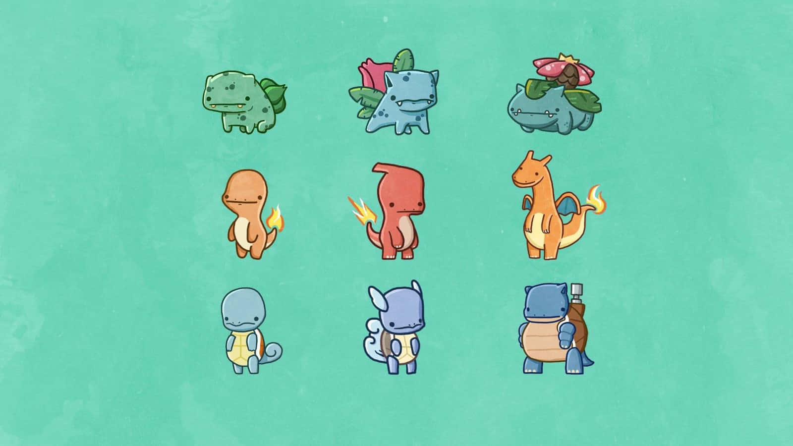 Ivysaur 可愛寶可夢圖標 壁紙 — 九個可愛嘅卡通寵物小精靈角色以網格排列喺有紋理嘅青綠色背景上。