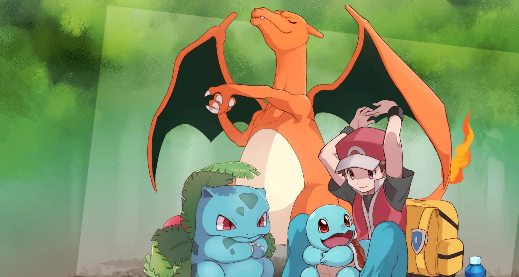 Ivysaur 憤怒表情 壁紙 — 一位年輕訓練家帶著兩隻藍色寶可夢和一隻大型橙色龍寶可夢，身處茂密的綠色森林環境中。
