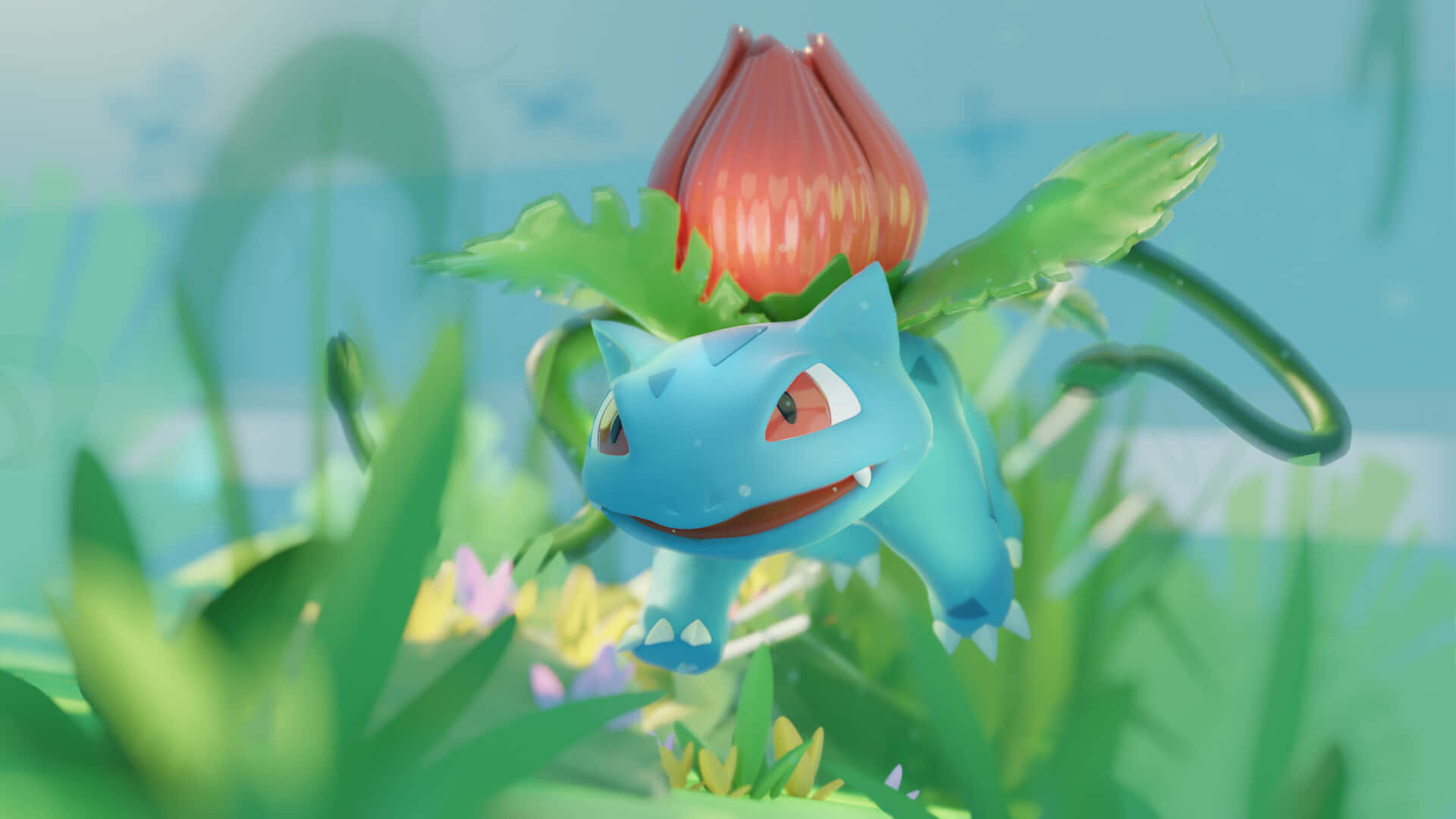 Ivysaur 浮空 壁紙 — 一隻藍色嘅奇異種子，背上有一朵紅色花，企喺充滿生氣嘅綠色草地上，天空係柔和嘅藍色。