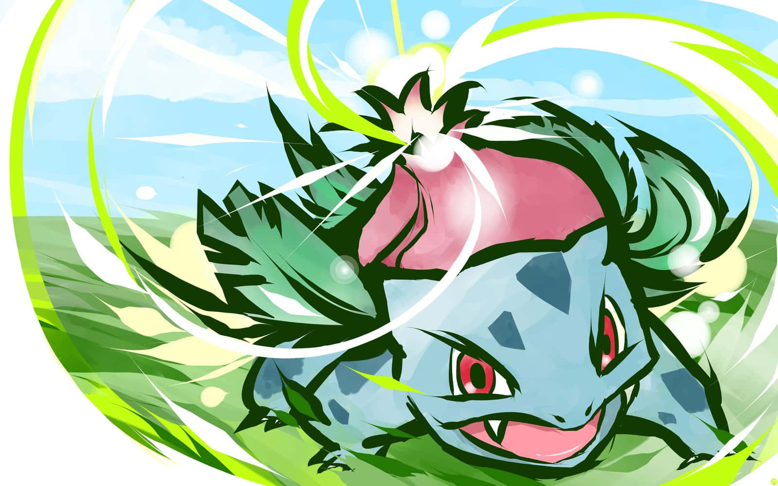 Ivysaur 發動進攻 壁紙 — 一隻動漫風格、充滿動感的妙蛙種子，在明亮的藍天和草地上釋放出強大的綠色能量衝擊波。