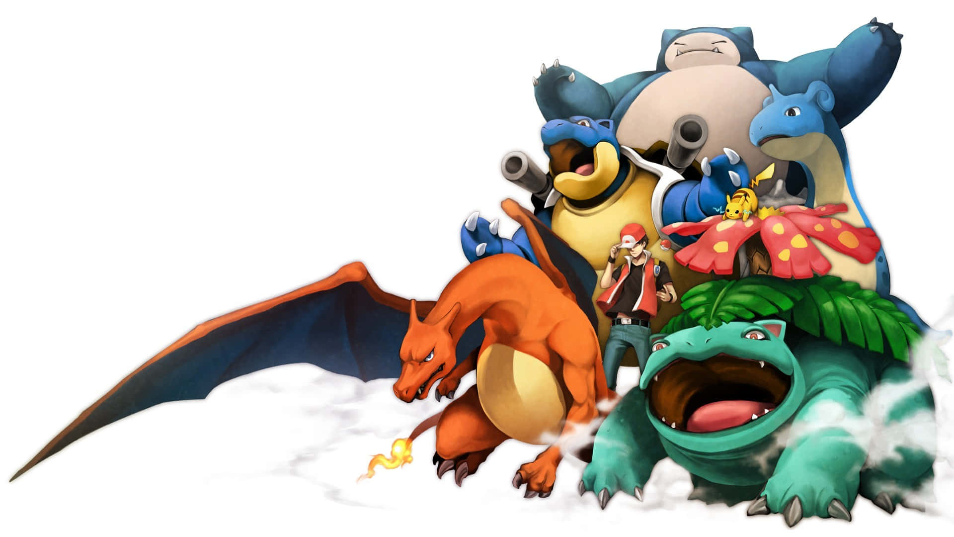 Ivysaur 與其他寶可夢 壁紙 — 一群充滿活力的標誌性寶可夢角色，包括噴火龍、水箭龜和傑尼龜，在白色背景前動態擺姿勢。