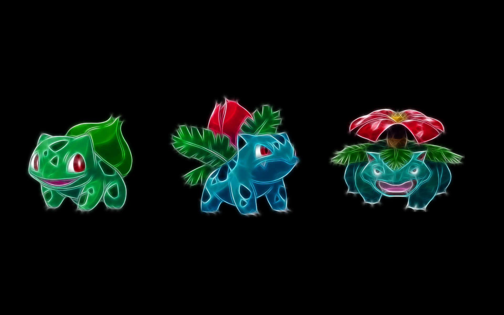 Ivysaur 霓虹風 壁紙 — 三隻發光的妙蛙種子進化線寶可夢並排站在黑色背景前，帶有鮮豔的霓虹輪廓。