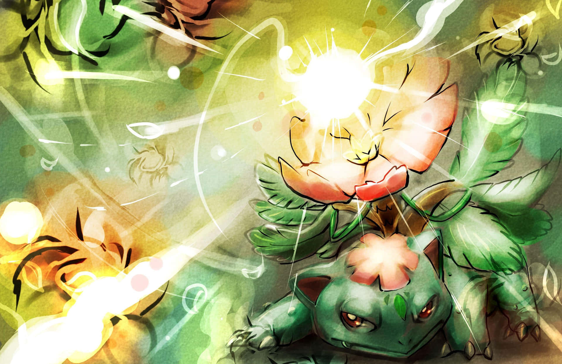 Ivysaur進化為Venusaur 壁紙 — 一隻充滿活力的動畫風格妙蛙種子，能量閃耀，背上盛開著一朵燦爛的花朵，背景是旋轉的綠色和黃色。