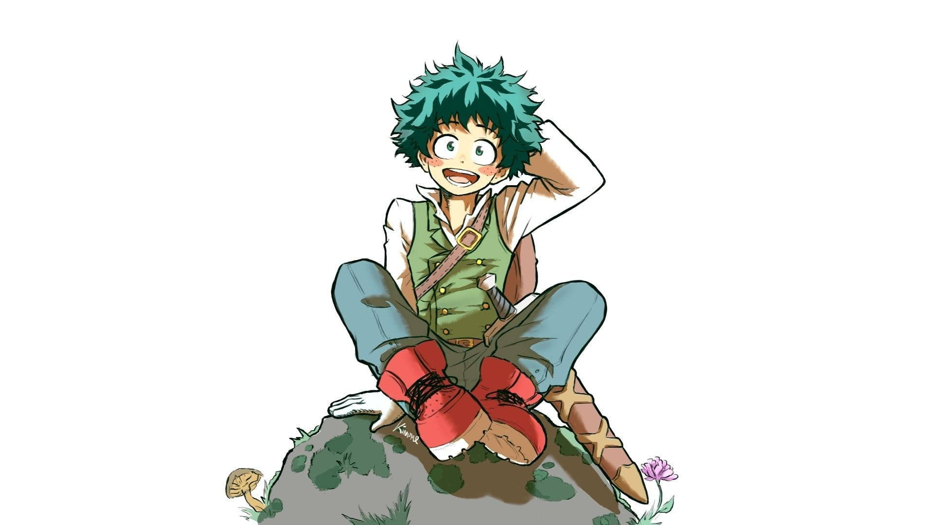 Izuku Midoriya Deku 壁紙 — 一個開心的動畫男孩，有著尖尖的綠色頭髮，坐在長滿苔蘚的石頭上，一隻手放在頭上，露出燦爛的笑容。