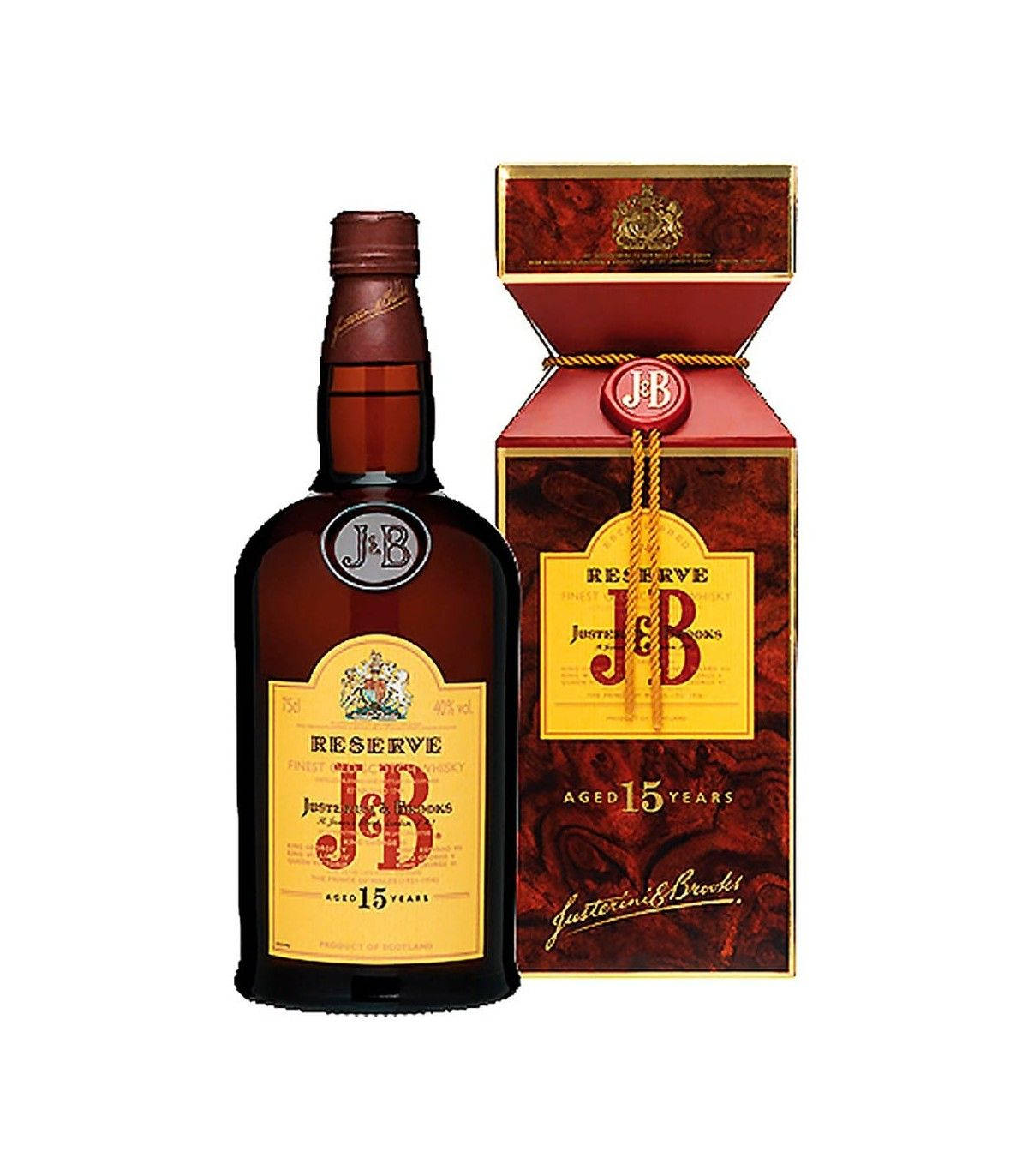 J&B 15年陳釀瓶 壁紙 — 一瓶J&B Reserve 15年威士忌，旁邊是其華麗的紅色和金色禮盒，背景為純白色。