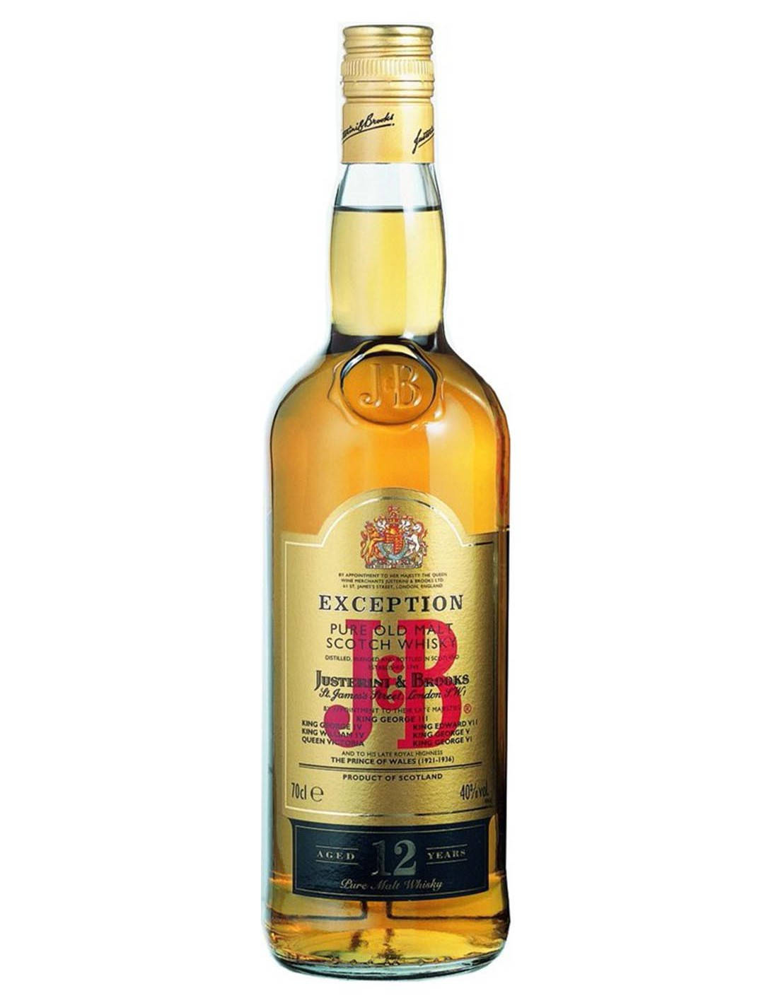 一瓶帶有金色和紅色標籤的Justerini & Brooks 12年蘇格蘭威士忌。