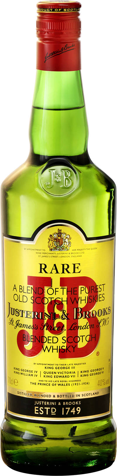 J&B珍藏調和蘇格蘭威士忌 壁紙 — 一個高大的綠色J&B Rare調和蘇格蘭威士忌酒瓶，帶有紅色瓶蓋和金色標籤，標籤上有皇家徽章和文字。