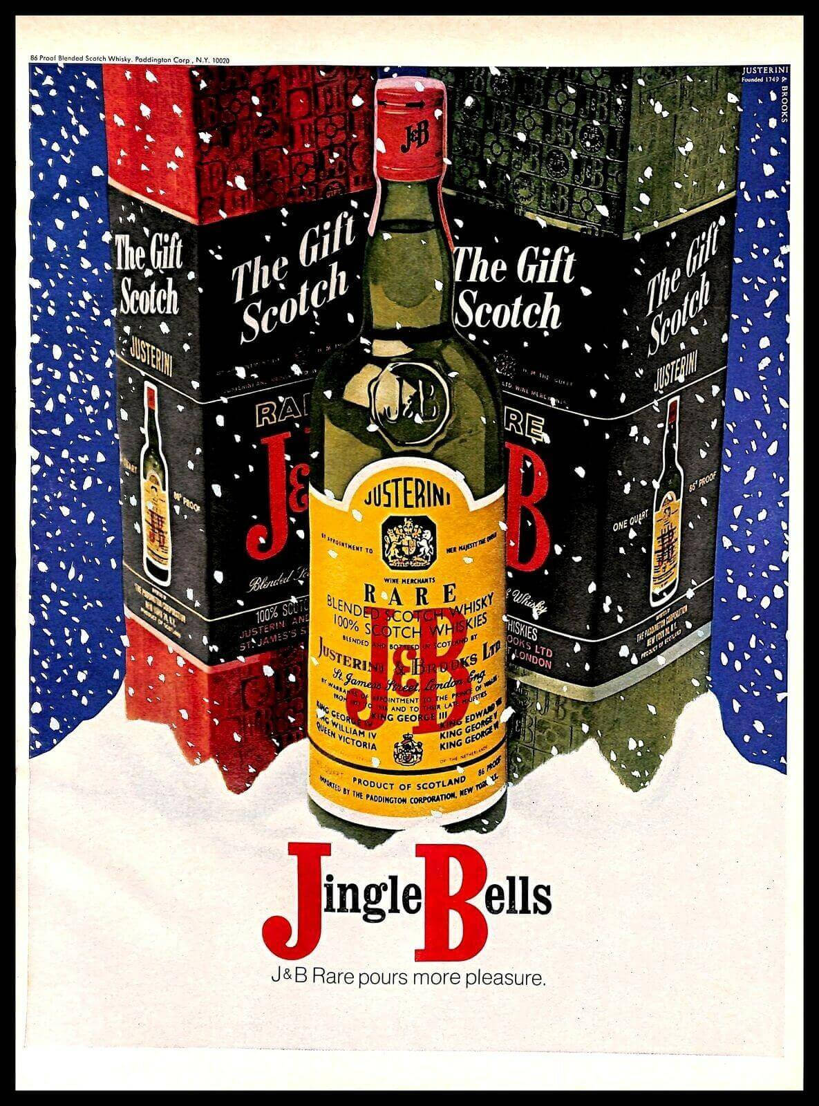 J&B Rare威士忌酒瓶和禮品盒在飄雪下，帶有「Jingle Bells」文字。