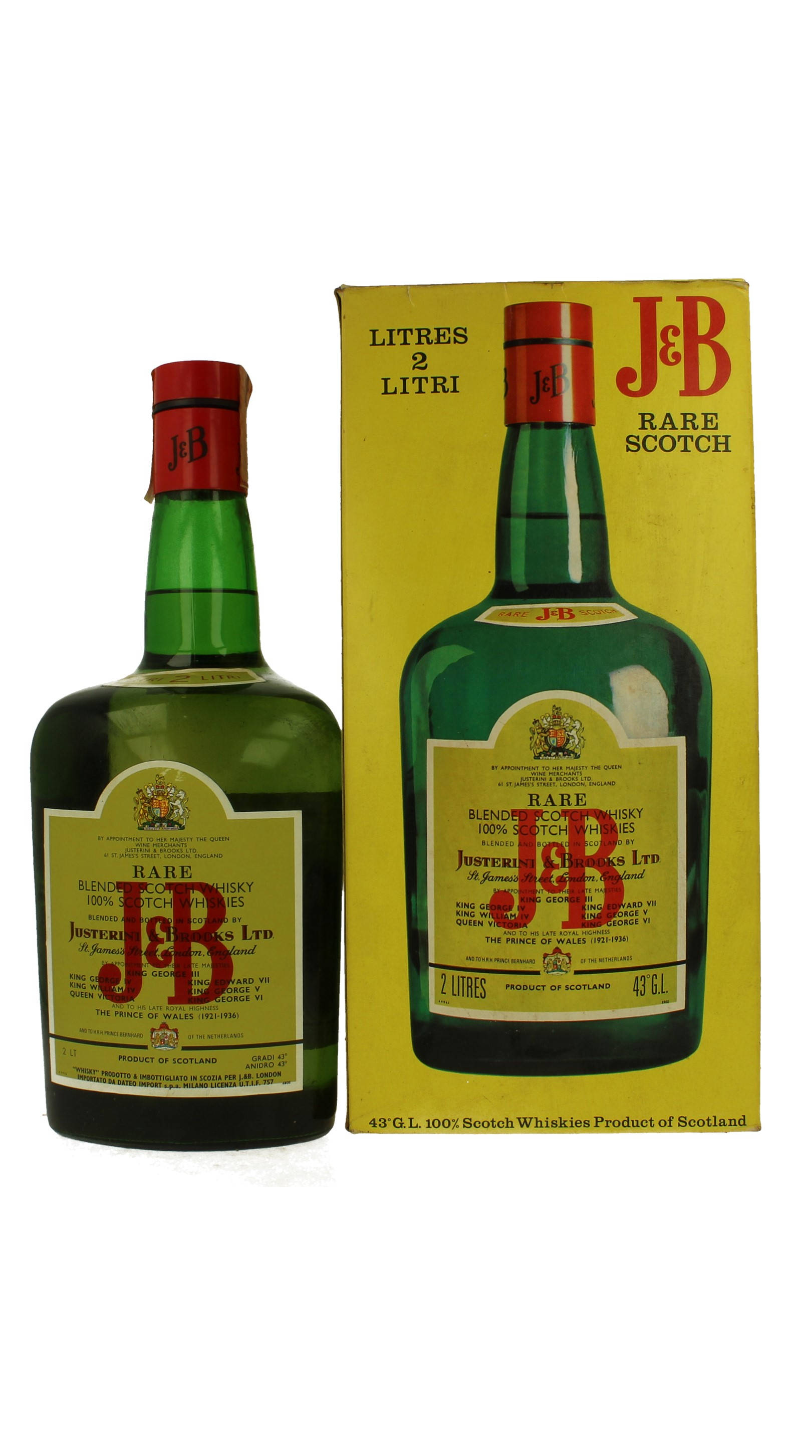 六七十年代的 J&B Rare 威士忌瓶 壁紙 — 一個復古綠色玻璃瓶的J&B Rare蘇格蘭威士忌，旁邊放著它的黃色紙板盒，背景是純白色。