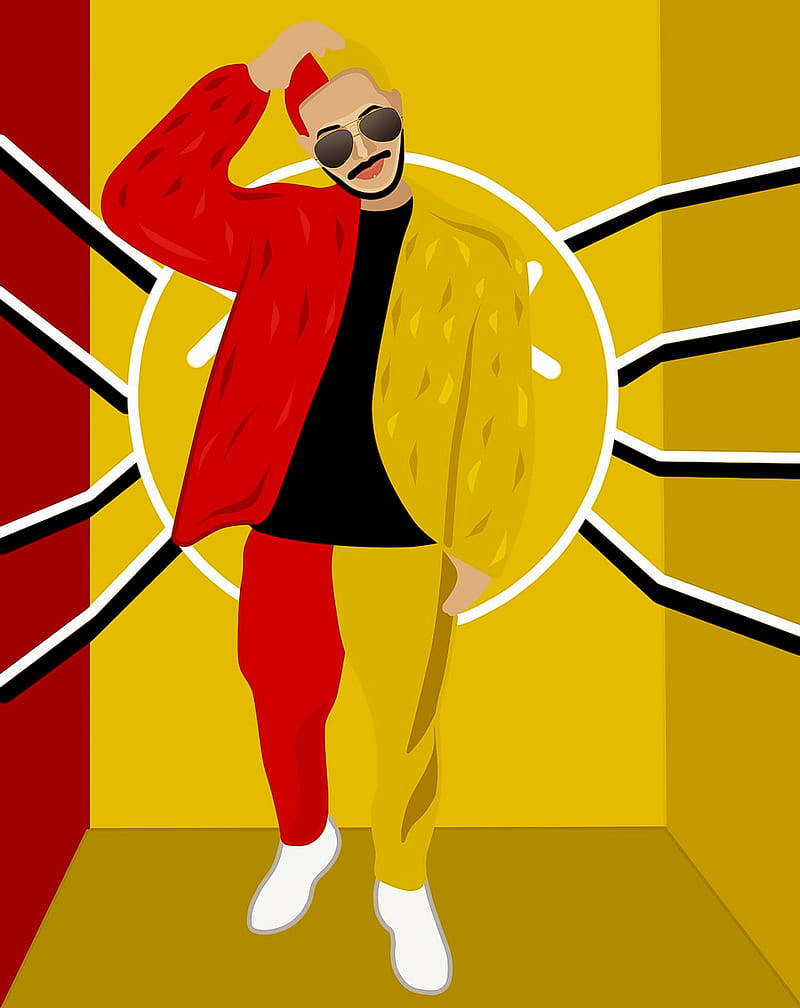J Balvin 矢量藝術 壁紙 — 一個穿著紅黃色服裝的時尚男子，在帶有太陽光線圖案的醒目幾何背景前自信地擺姿勢。