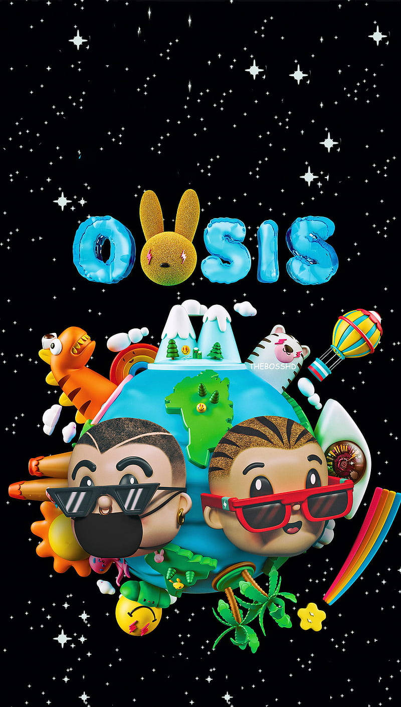 J Balvin 與 Bad Bunny《Oasis》 壁紙 — 兩個戴太陽眼鏡的卡通人物在星空下圍繞地球儀漂浮，周圍有頑皮的動物和彩虹元素。