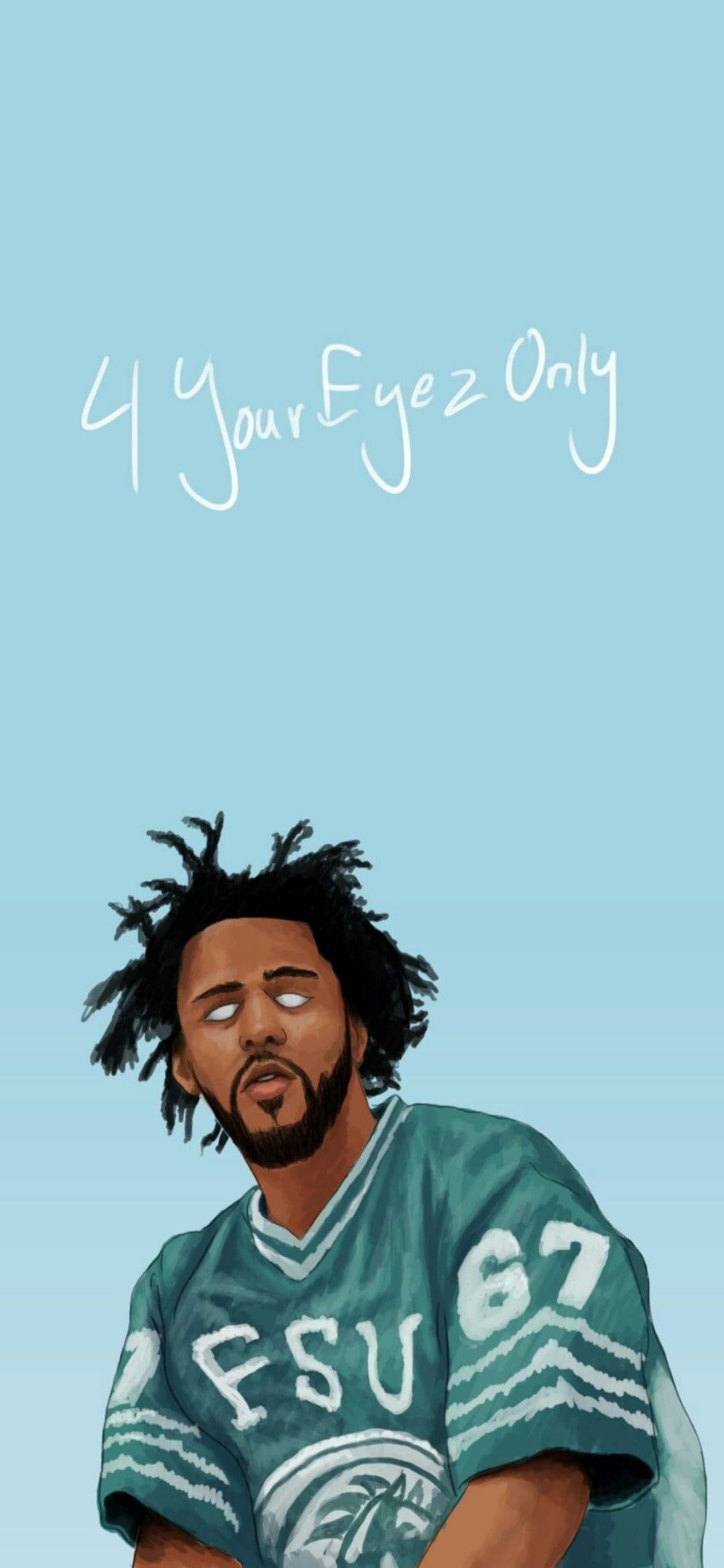 J Cole《4 Your Eyez Only》數位藝術 壁紙 — 一個風格化的插圖，描繪一名留著辮子的男子，身穿藍綠色FSU球衣，背景為純淺藍色，上方有手寫文字。