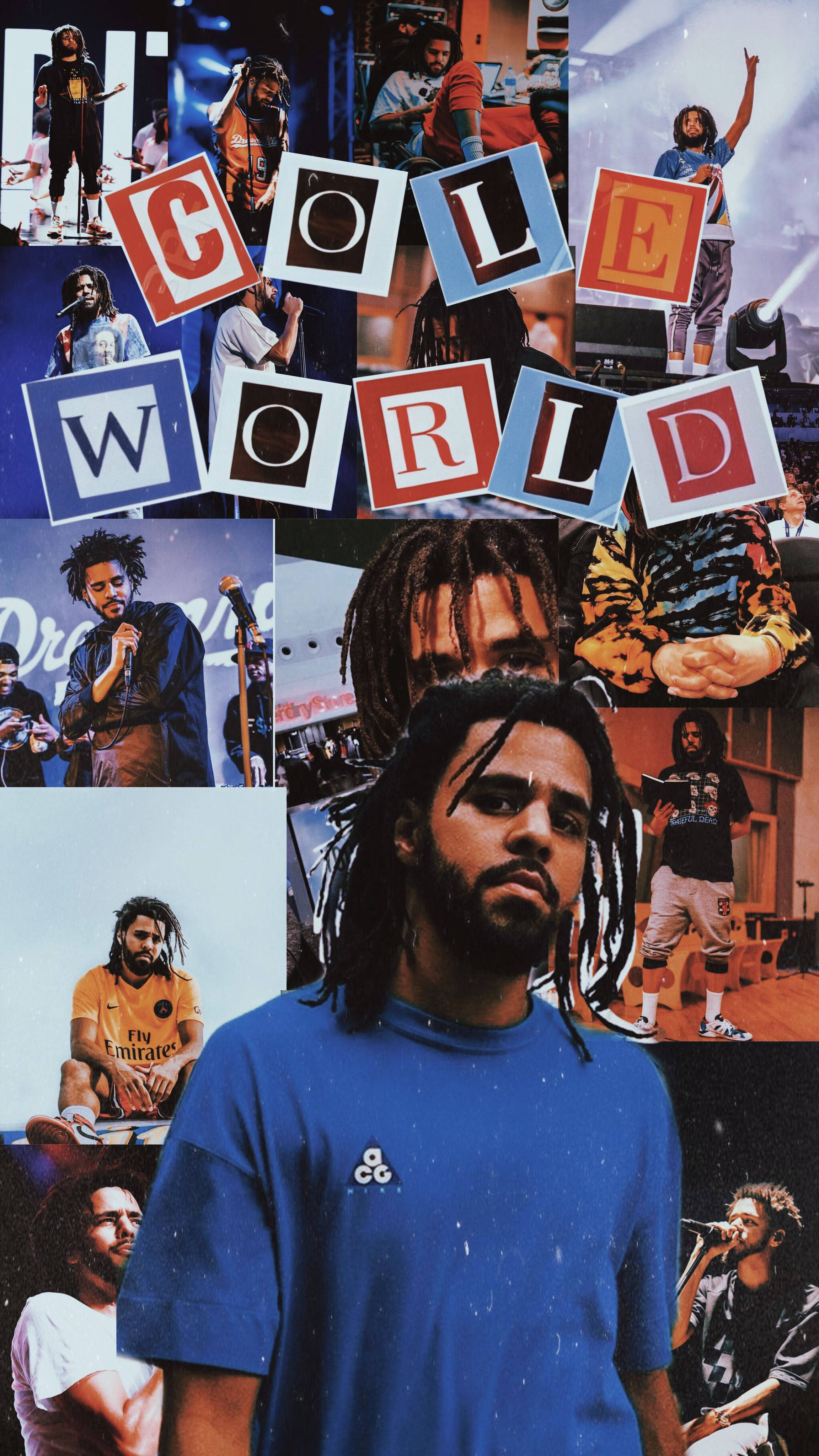J Cole《Cole World》拼貼畫 壁紙 — J. Cole 嘅生動拼貼，展示佢喺唔同姿勢同場景，上面有粗體 'COLE WORLD' 字樣覆蓋構圖。