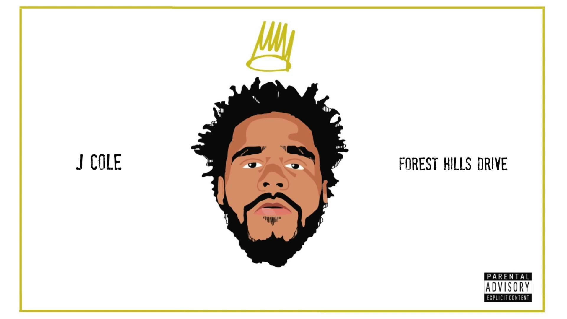 J Cole《Forest Hills Drive》插畫 壁紙 — J Cole 的風格化插圖，頭頂金色皇冠，白色背景，附有專輯標題文字。