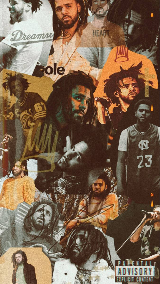 J Cole 個性化拼貼畫 壁紙 — J. Cole 嘅鮮明拼貼，展示唔同姿勢同服裝，加上粗體文字疊加同家長指引標籤。