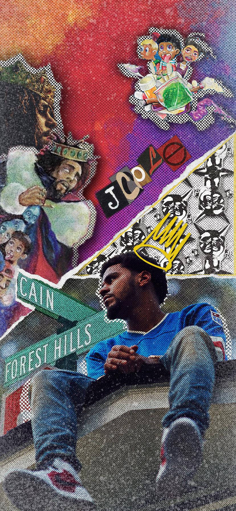 J Cole 專輯封面藝術拼貼 壁紙 — 一個充滿活力的拼貼畫，將流行文化圖標和街頭藝術元素疊加在一個坐在窗台上的年輕男子身上。