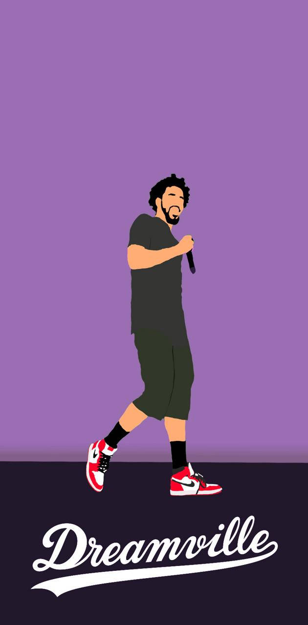 J Cole 最簡約藝術 壁紙 — 一個風格化的插圖，描繪一個捲髮鬍鬚的男人拿著麥克風行走，背景為紫色並帶有「Dreamville」文字。