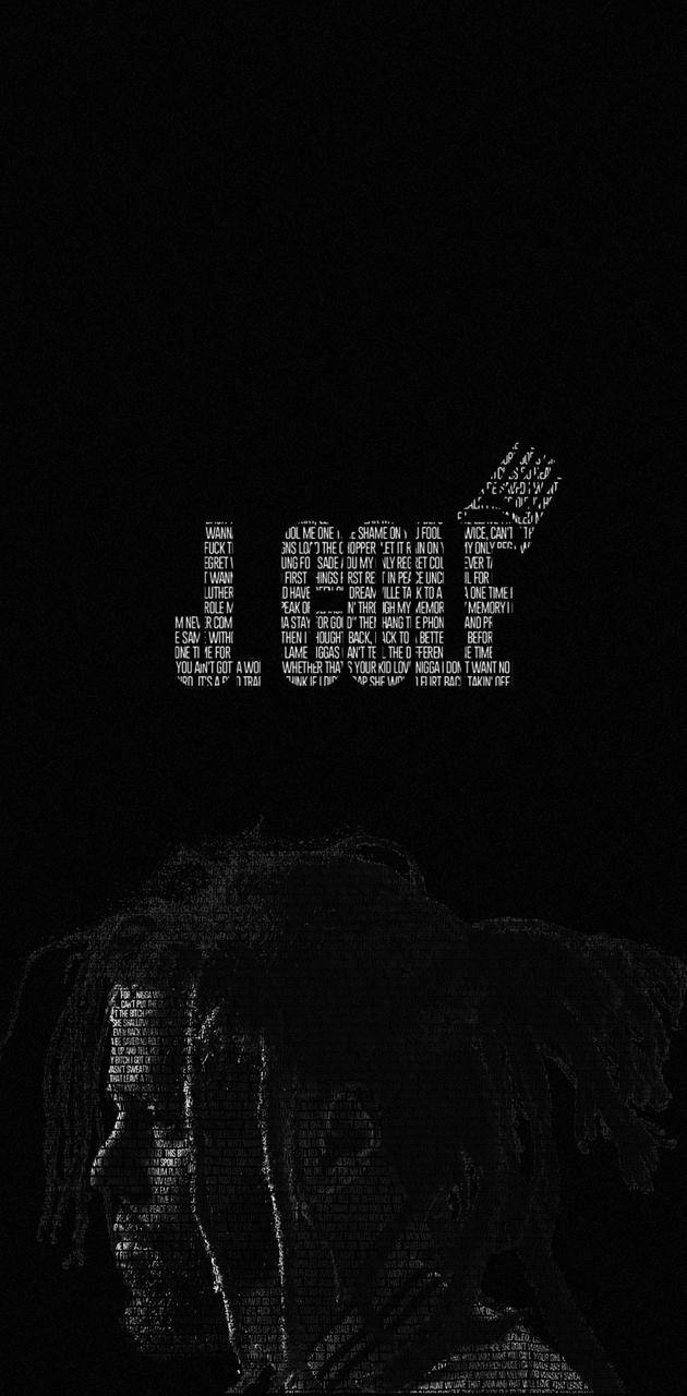 J Cole 歌詞字體設計 壁紙 — 黑色背景上，一個白色文字構成的剪影，呈現一個人拿著結他，形成音樂致敬。