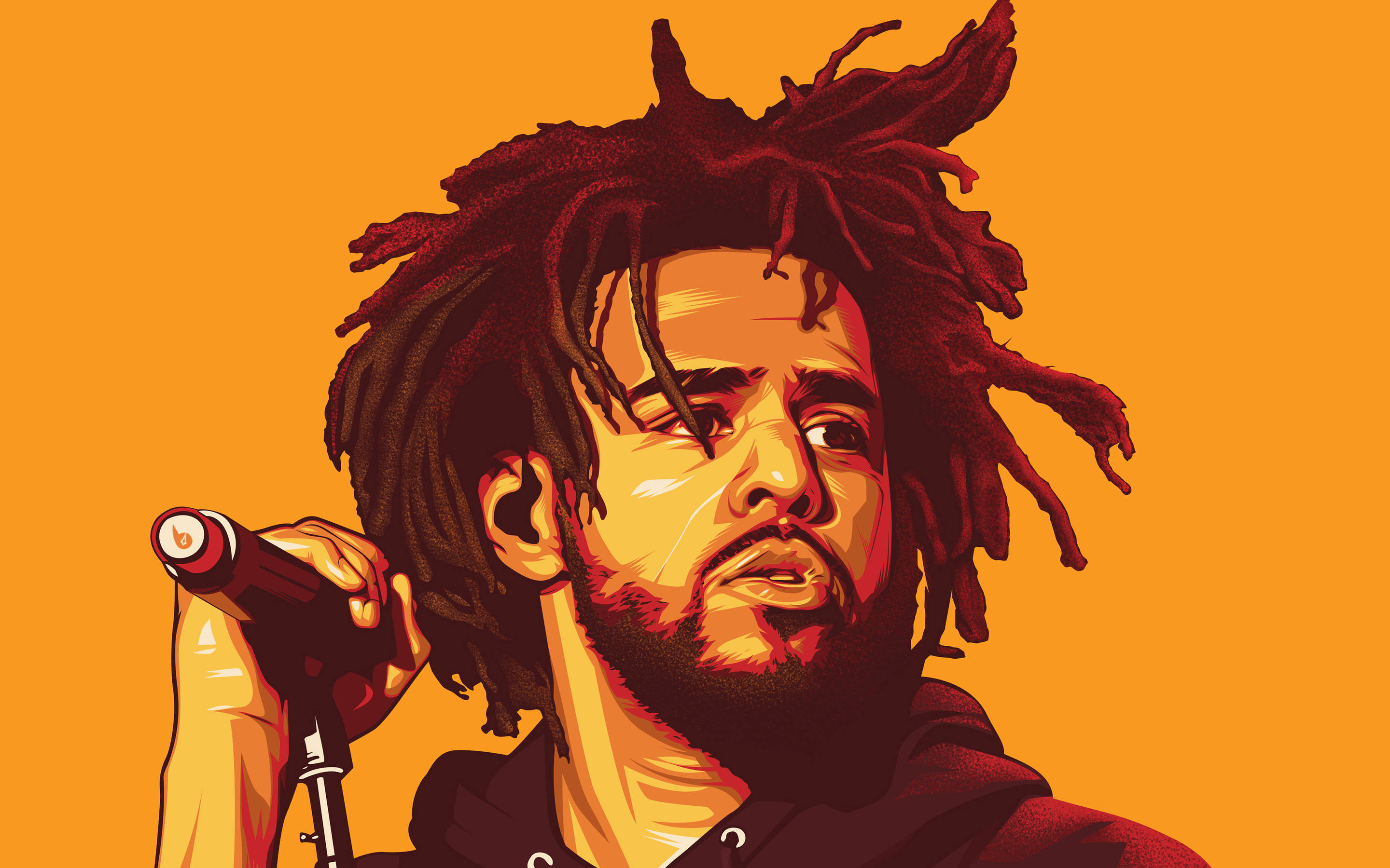 J Cole 波普藝術 壁紙 — 一個風格化的插圖，描繪一名留著辮子的男子在鮮豔的橙色背景前拿著麥克風。