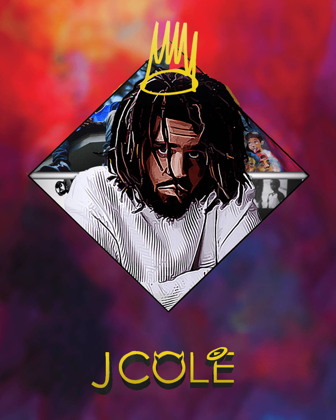 J Cole 王冠插畫海報 壁紙 — J Cole 的風格化肖像，頭頂有一個黃色皇冠，背景是充滿活力的紅色和紫色抽象背景。