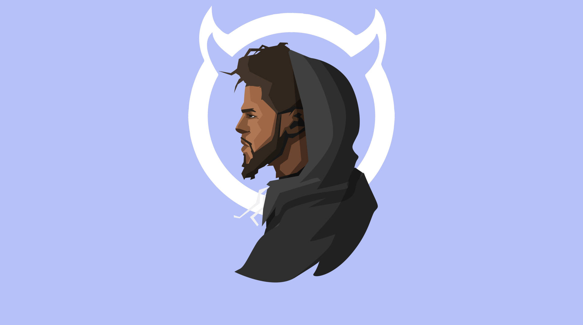 J Cole 矢量藝術作品 壁紙 — 一個風格化的插圖肖像，一個鬍鬚男人戴著深色兜帽，由白色魔鬼角標誌框住，背景是柔和的薰衣草色。