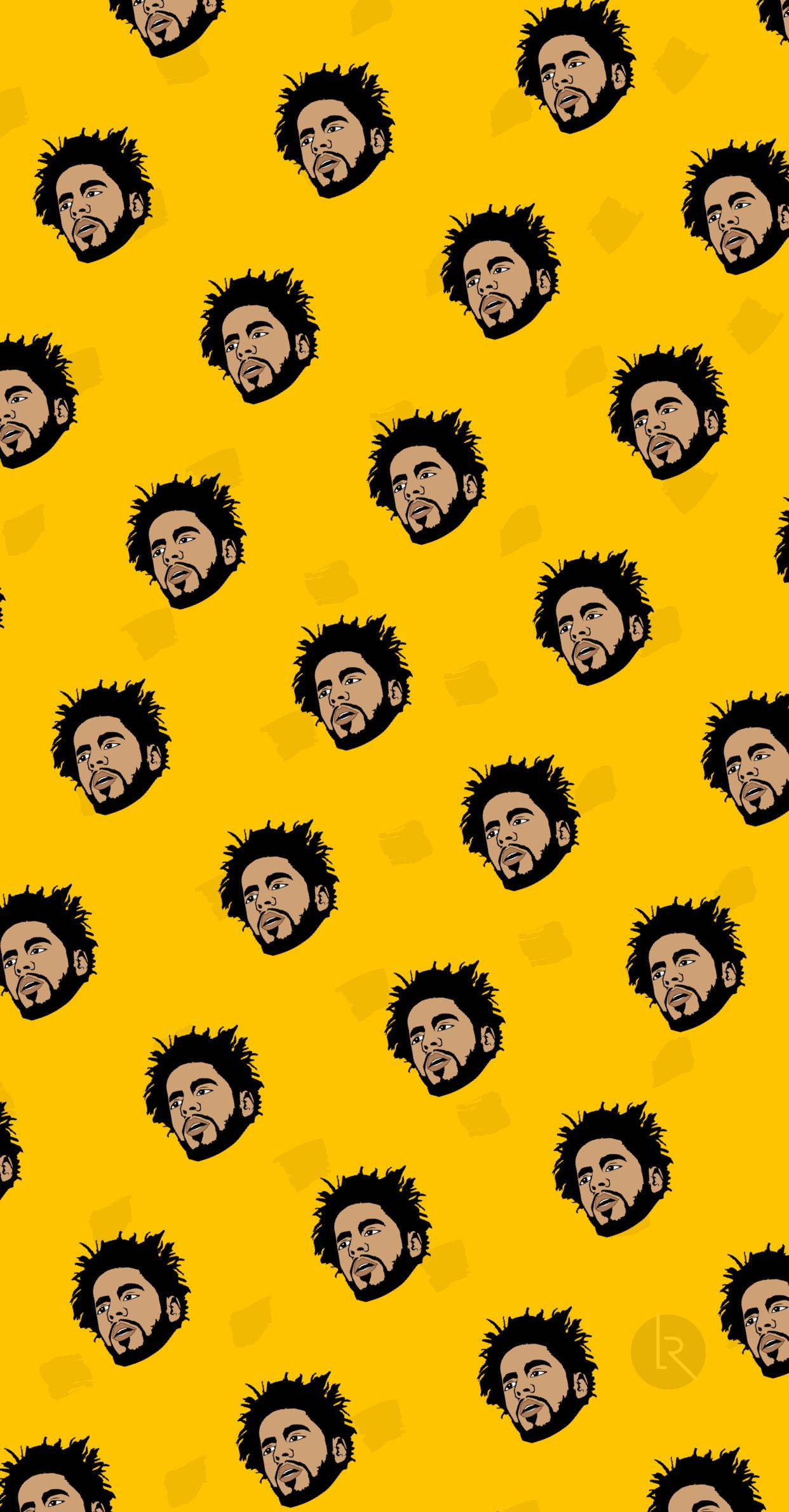 J Cole 面部向量圖案 壁紙 — 在明亮的黃色背景上重複出現的黑色男人側面剪影，頭髮尖刺。