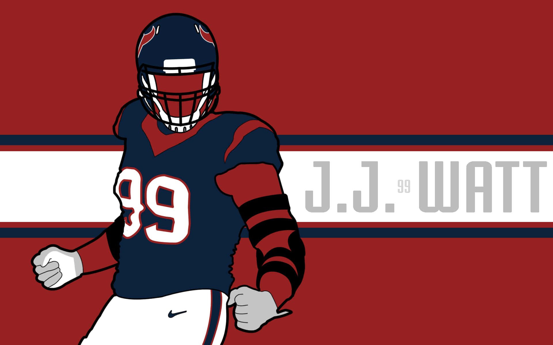 休斯頓德州人隊防守端鋒 J.J. Watt 壁紙 — 插圖足球員 J.J. Watt 身穿海軍藍和紅色制服，號碼 99，在帶有白色條紋的大膽紅色背景上奔跑。
