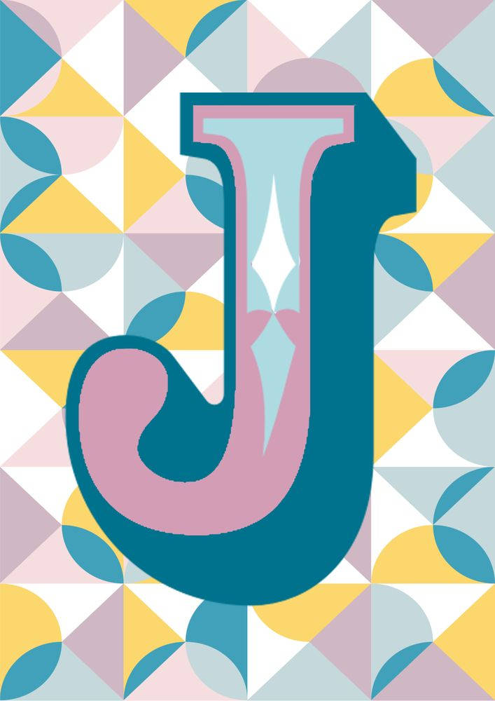 抽象字母J 壁紙 — 一個風格化的字母J，以青綠色和粉紅色呈現，在由粉彩三角形和圓形組成的幾何圖案中脫穎而出。
