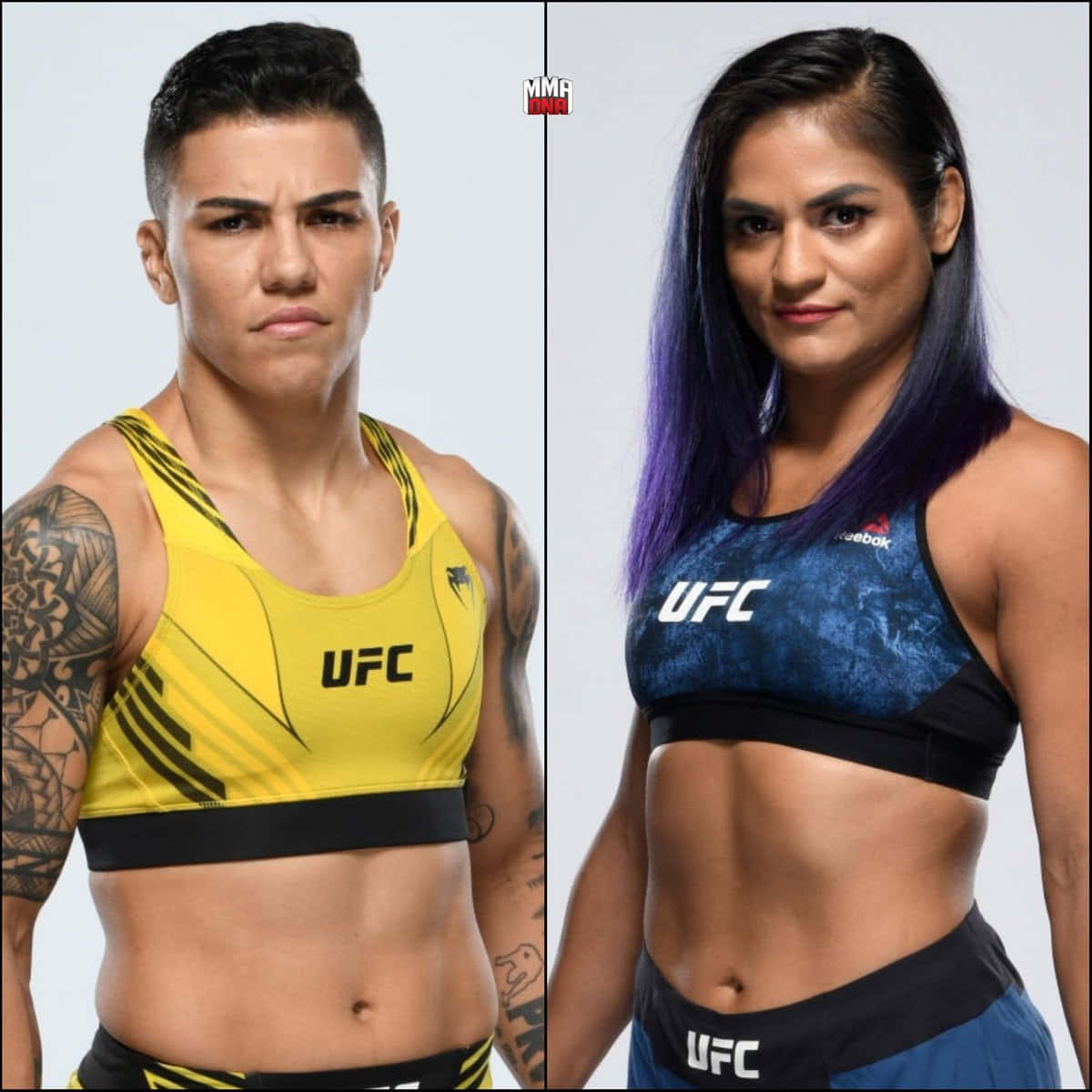 兩名穿著UFC裝備的女性MMA拳手在工作室中認真擺姿勢。