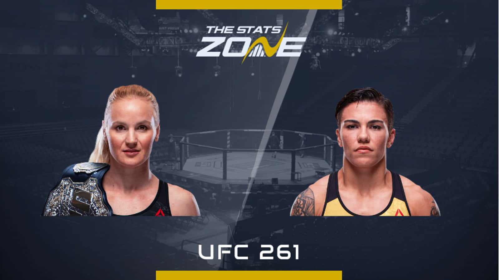 兩名女性MMA拳手在UFC 261宣傳圖像中，帶有冠軍腰帶和八角籠。