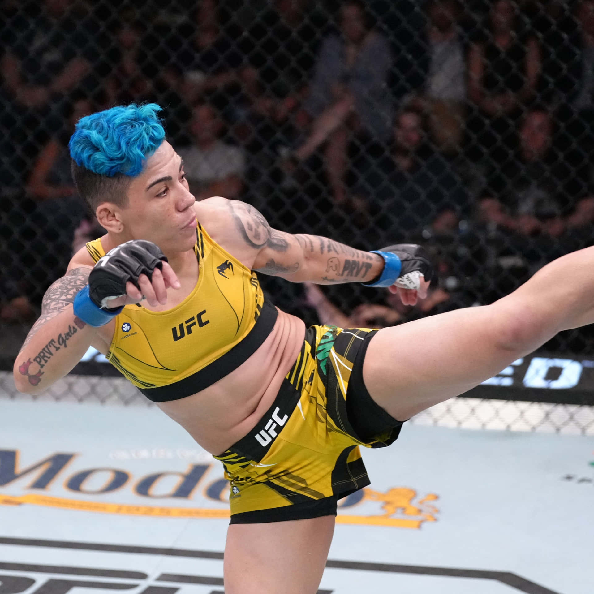 身穿黃色UFC裝備的女性MMA拳手在八角籠中執行高踢。