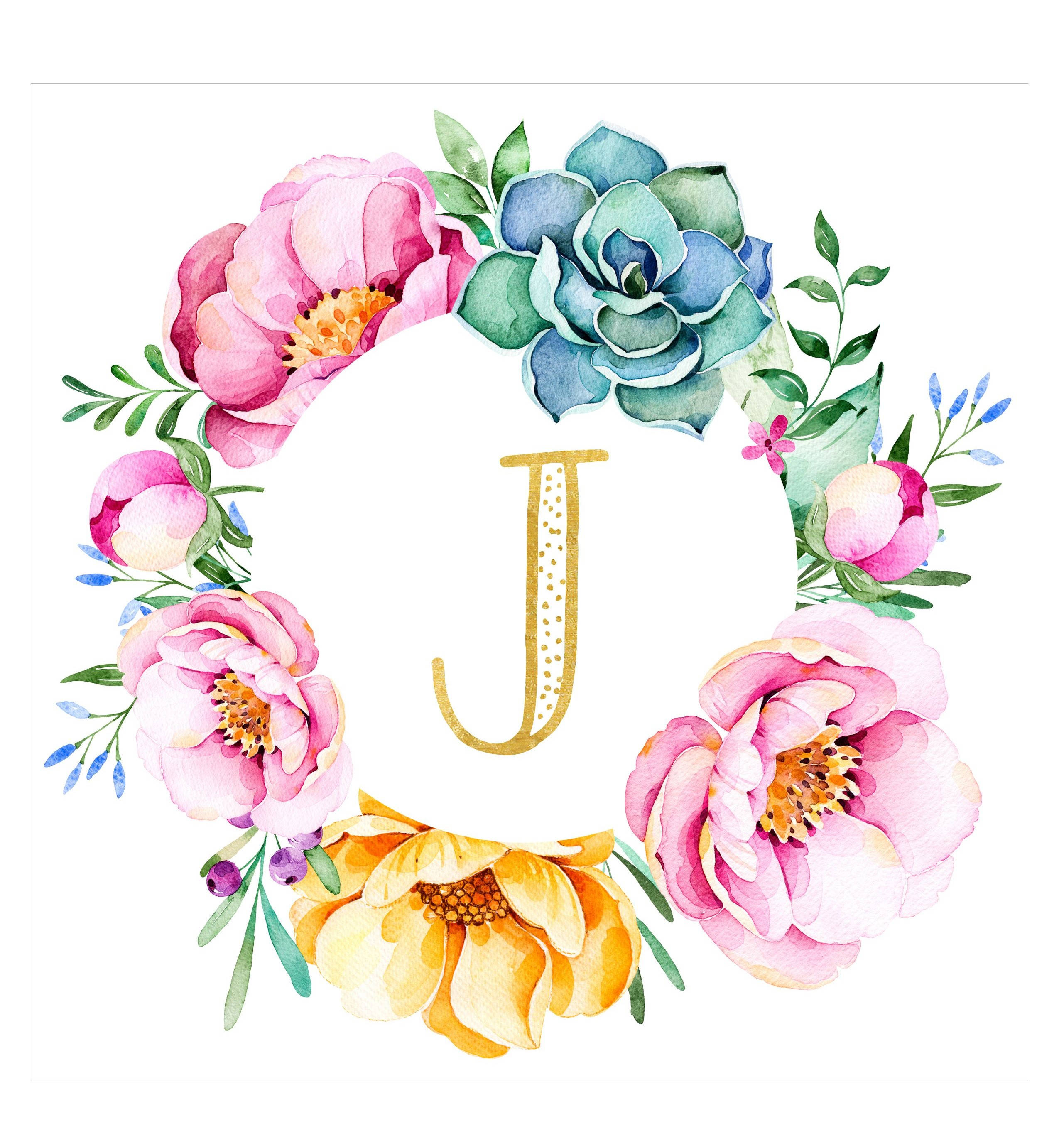 水彩花卉字母J 壁紙 — 水彩花卉花環圍繞金色字母J，搭配粉紅色牡丹、藍色多肉植物和黃色花朵，背景為白色。