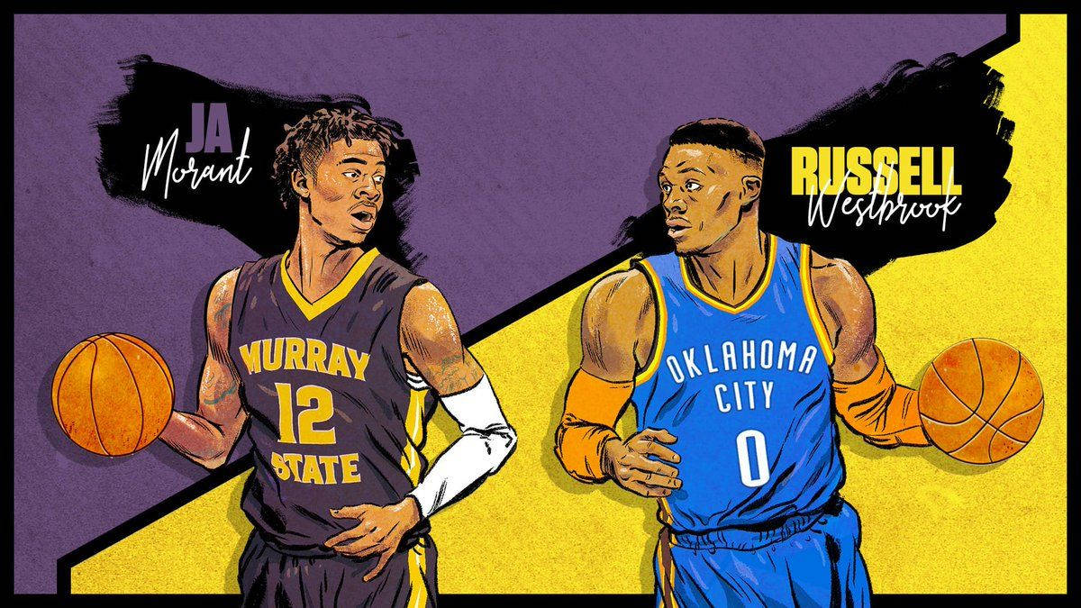 籃球運動員Ja Morant和Russell Westbrook拿著籃球的插圖。 — 莫蘭特 壁紙