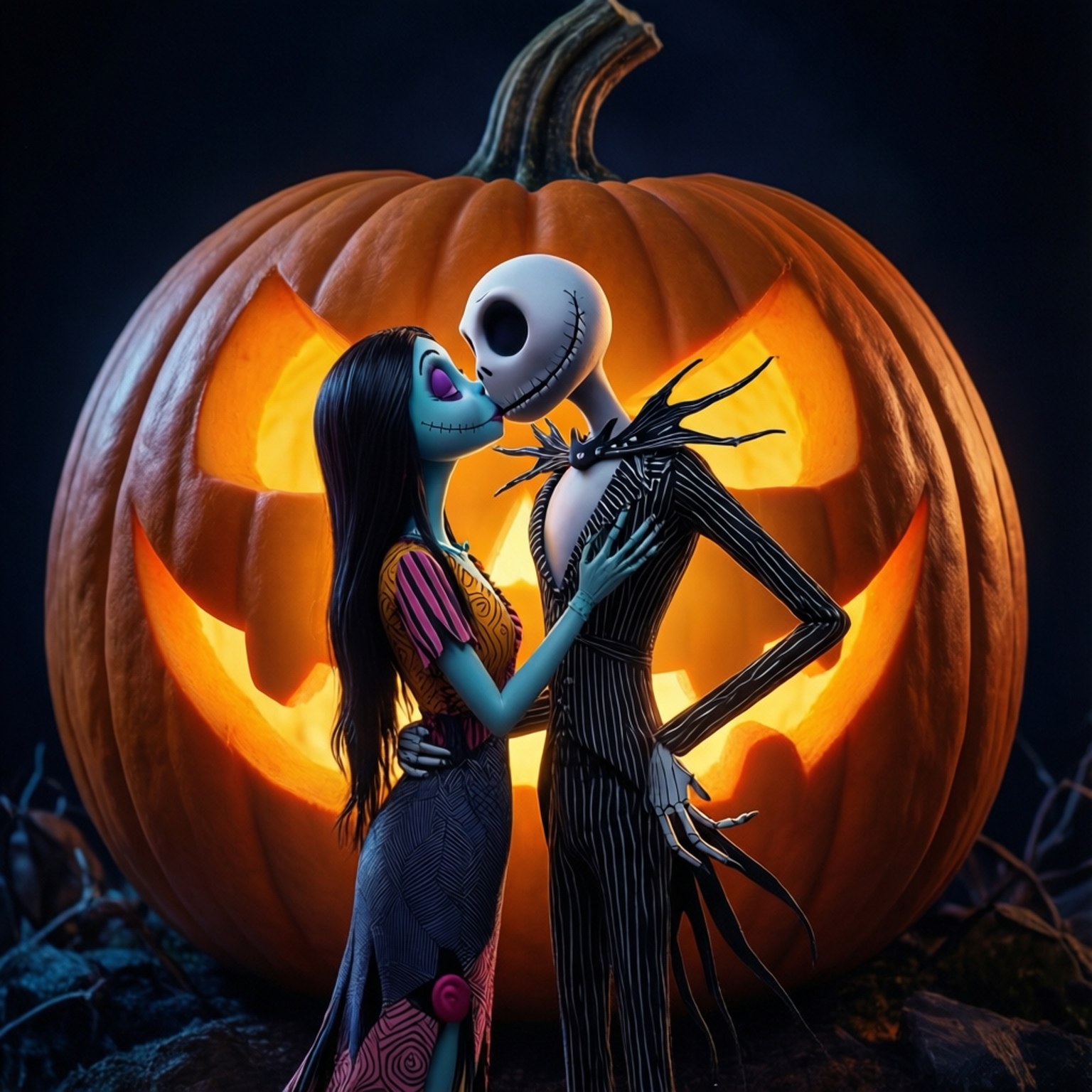 Jack 和 Sally 在夜晚的發光南瓜燈前接吻。