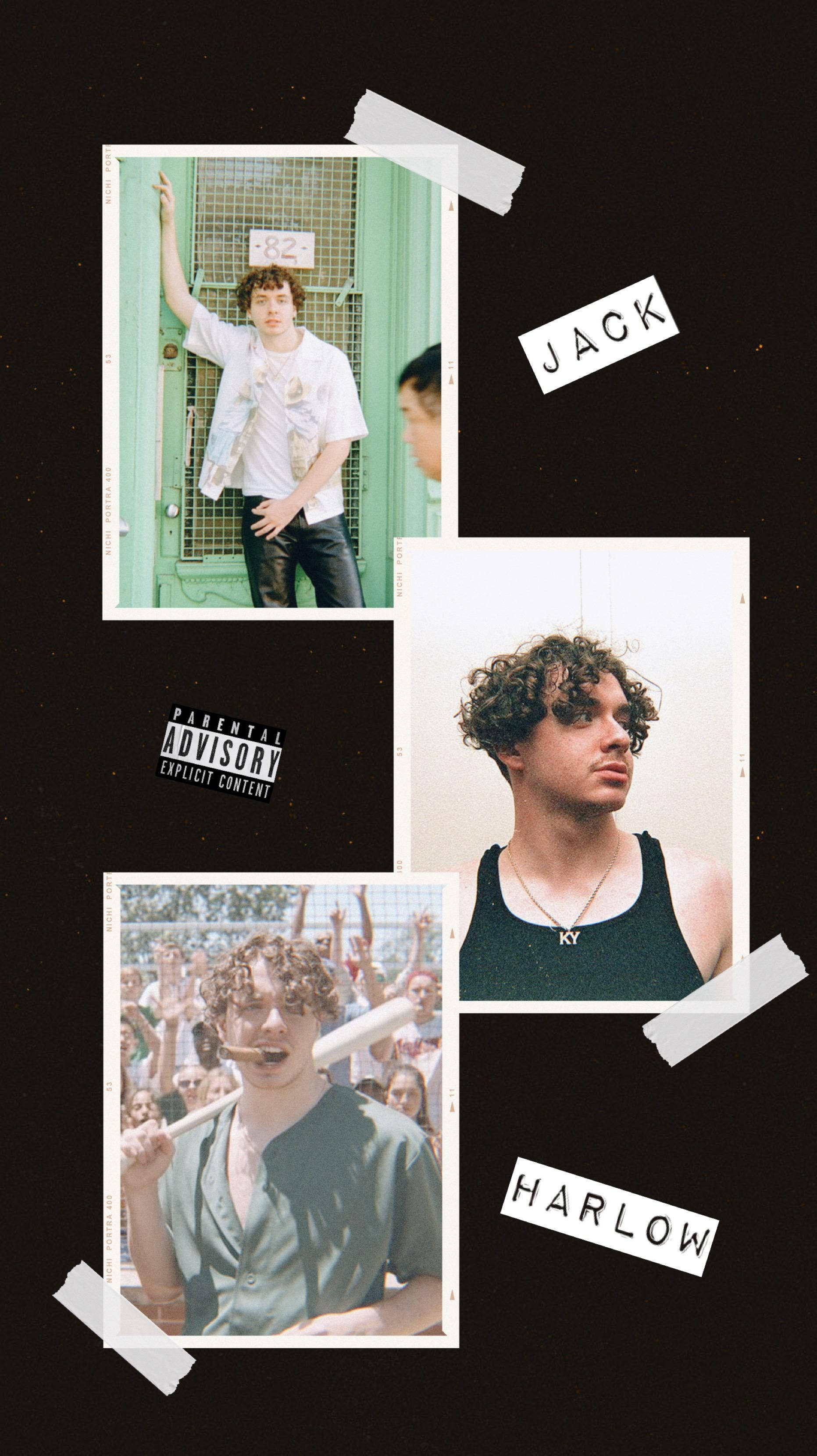 Jack Harlow 粉絲藝術圖像 壁紙 — 三張照片的拼貼畫，展示一位年輕捲髮男子，用膠帶貼在黑色背景上，帶有「JACK」和「HARLOW」標籤以及家長指引貼紙。